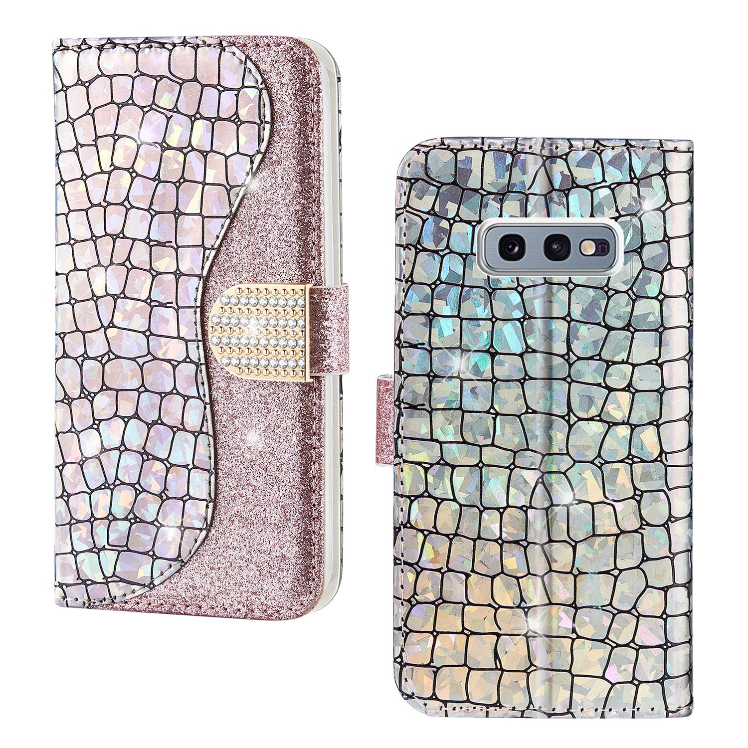 SEEYA Phone Wallet for Samsung Galaxy S10e Women Glitter Crocodile Pattern Leather Elegant Rose Gold Flip Case Cover with Credit Card Holders Slot Money Pouch Magnetic Clasp Horizontal Stand