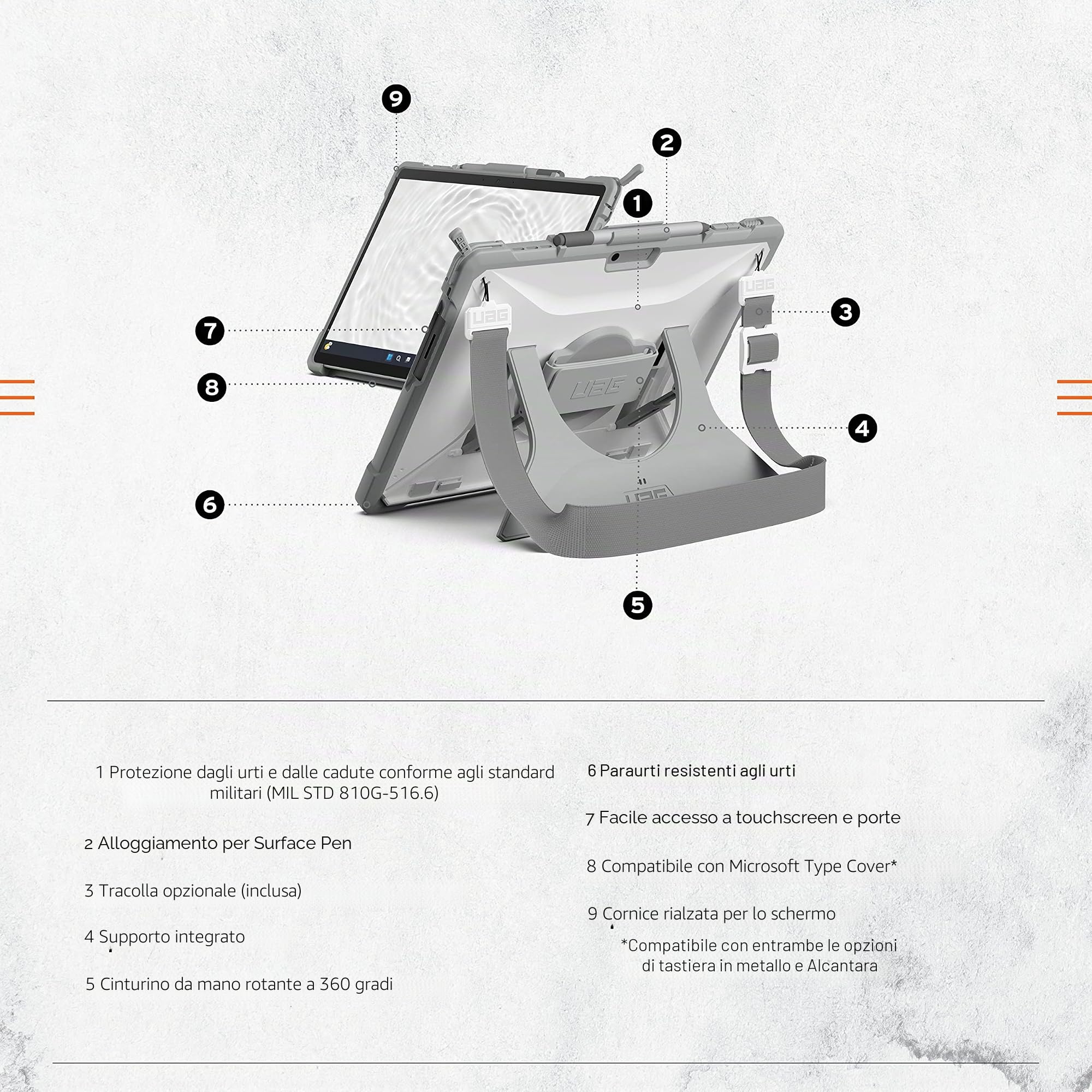 URBAN ARMOR GEAR Plasma Healthcare Custodia Surface Pro 11/10/9 | Cover robusta per tablet con cinturino girevole a 360°