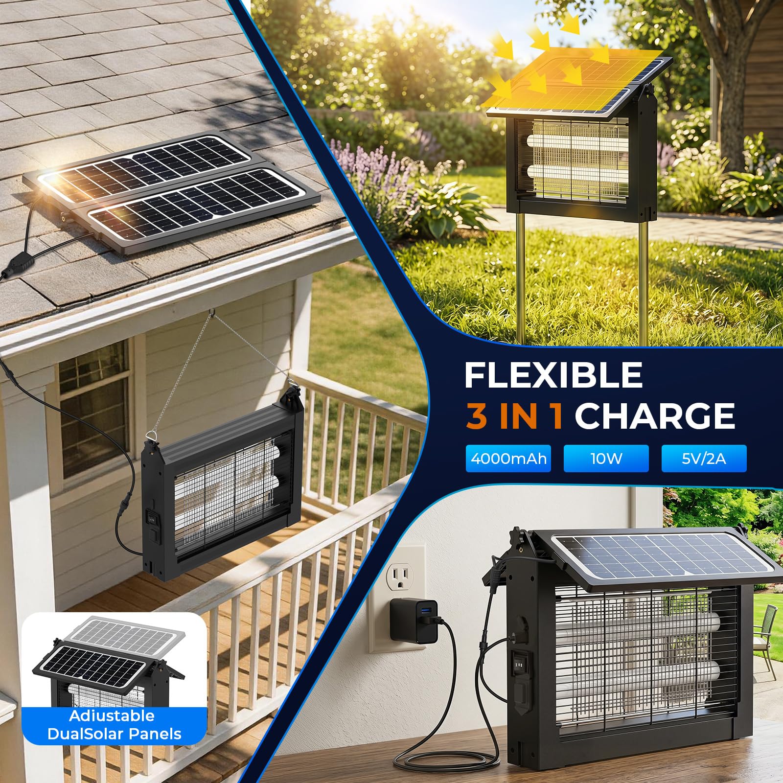 Eliminador de insectos para exteriores con panel solar grande, 4500 V, exterminador de mosquitos al aire libre, 4000 mAh, recargable, matamoscas inalámbrico, impermeable para patio, jardín