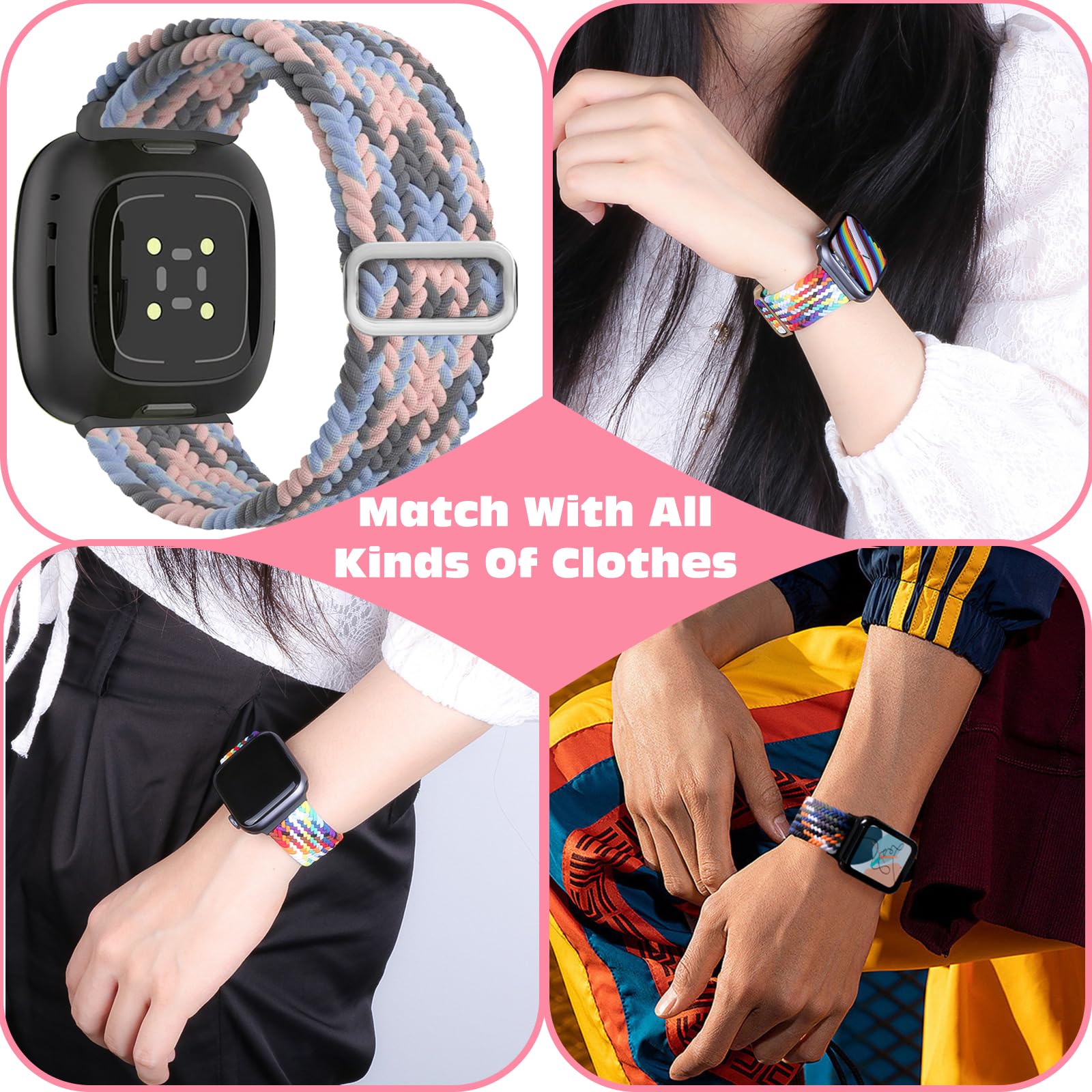 Aceyoon 6 Pack Bracelets Compatibles Avec Fitbit Versa 3/Versa 4/Sense/Sense 2, Réglable Sport Bracelet Montre Pour Fitbit En Nylon Tressé Bracelet De Rechange Elastique Pour Femme/Homme