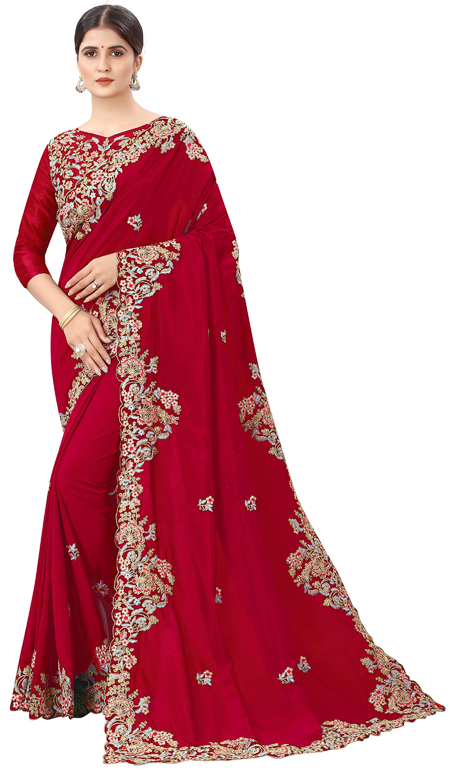 Divine EximWomen's Vichitra Silk Bollywood Style Embroidery Work Saree With Blouse Piece