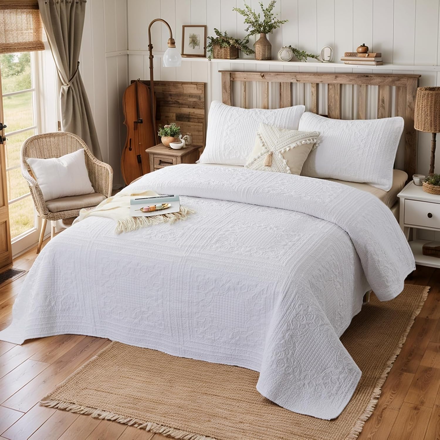 Brandream White Quilt King Size Cotton Matelasse Coverlet Set Farmhouse Quilts 3-Piece - Image 2