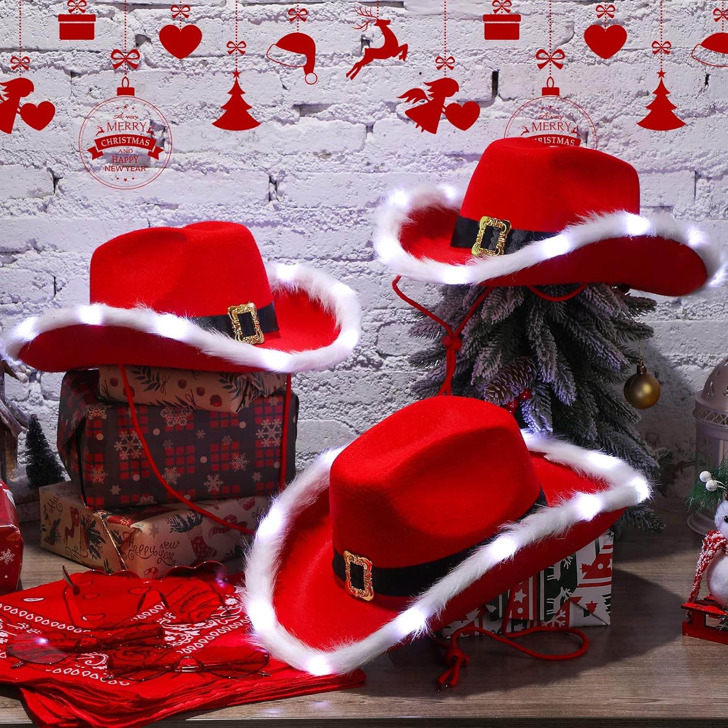Coume 24 Pack Light up Christmas Santa Cowgirl Hats with Paisley Bandana and Heart Glasses Set, Fluffy Feather Boa Red Santa Cowgirl Cowboy Hats for Christmas Costume Party - Image 7