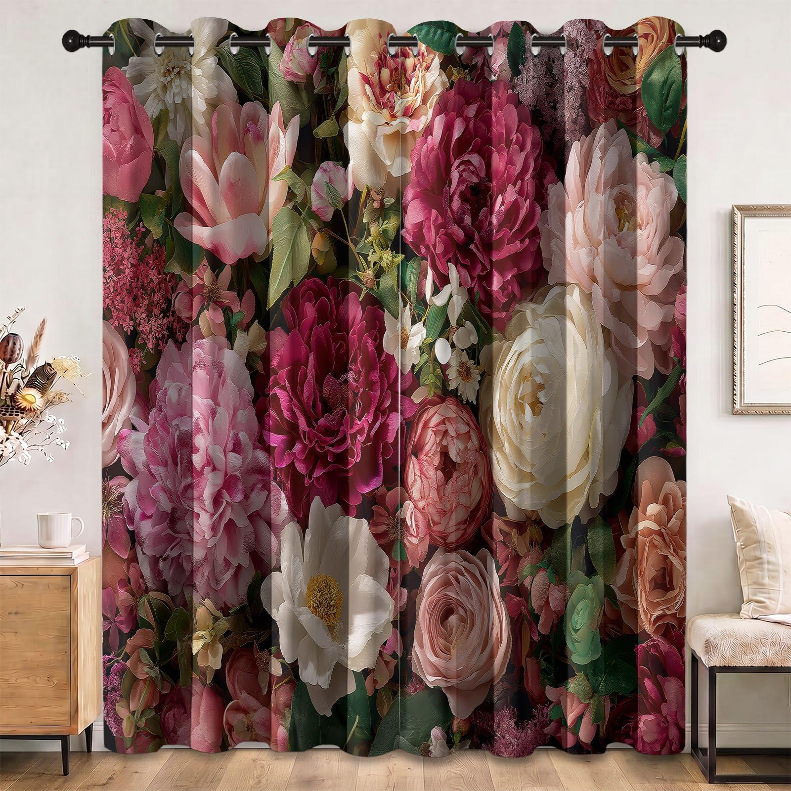 Blackout Curtain Floral Vintage Eyelet Thermal Insulated Window Treatments, 66 x 72 Inch (2 Panels) Curtains, Plants Peonies Roses Leaves Printed Curtain for Bedroom Living Room, Pink