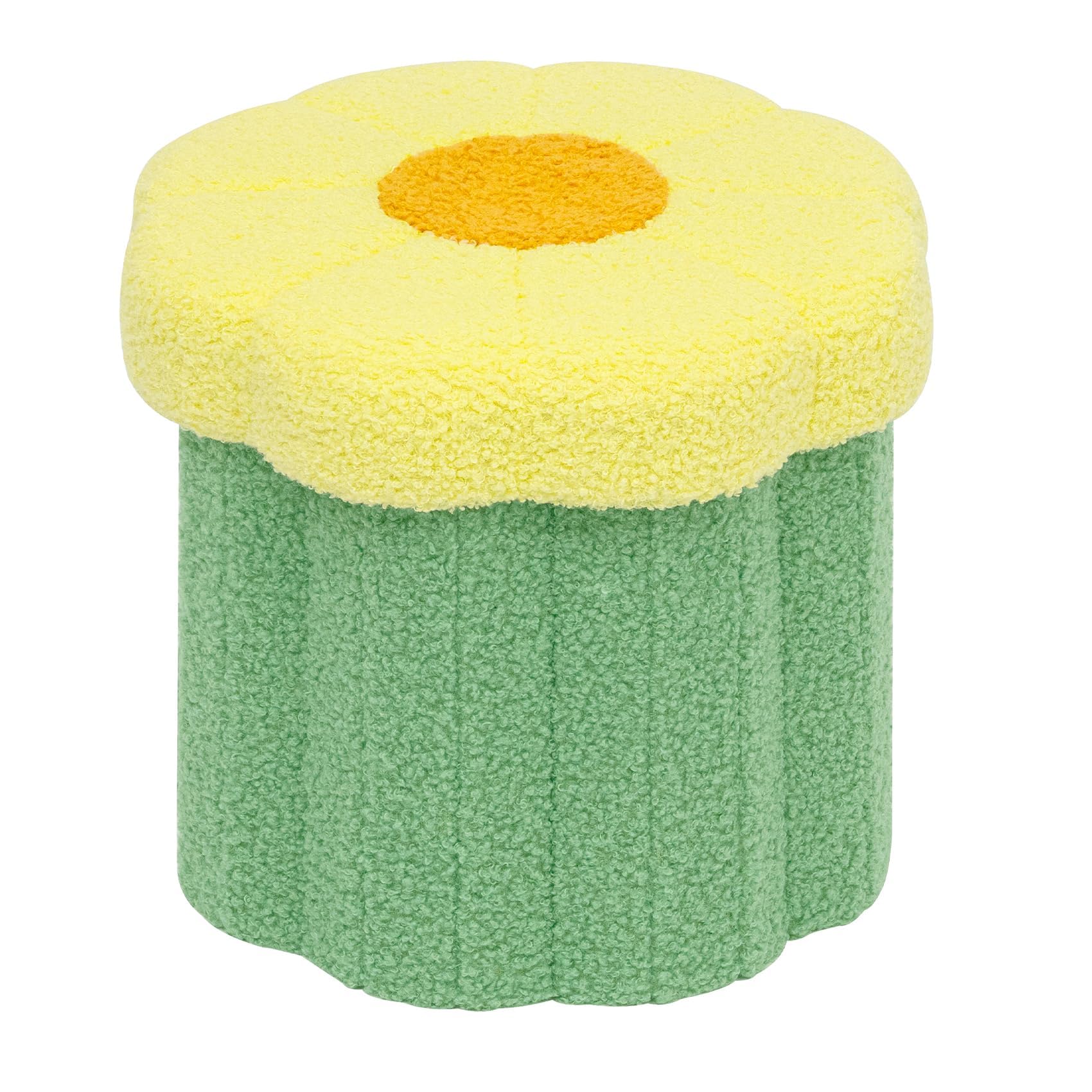 PINPLUS Small Folding Storage Ottoman with Lid, 32x32x29cm, Sunflower Design Soft Teddy Fleece, Footrest Storage Box for Living Room, Bedroom, Entryway, Green