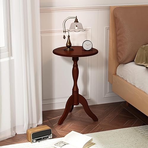 Miniatura 4 de HLR Mesa auxiliar redonda pequeña, mesas de café laterales con pedestal de madera, mesita de noche vintage para sala de estar, dormitorio, entrada