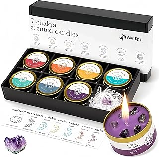 7 Chakra Duftkerzen Set – Handgegossen aus Sojawachs & 10% ätherischen Ölen – Mit Amethyst-Druse & Kristallen – Geschenkset für Meditation, Yoga & Achtsamkeit [Das Original]