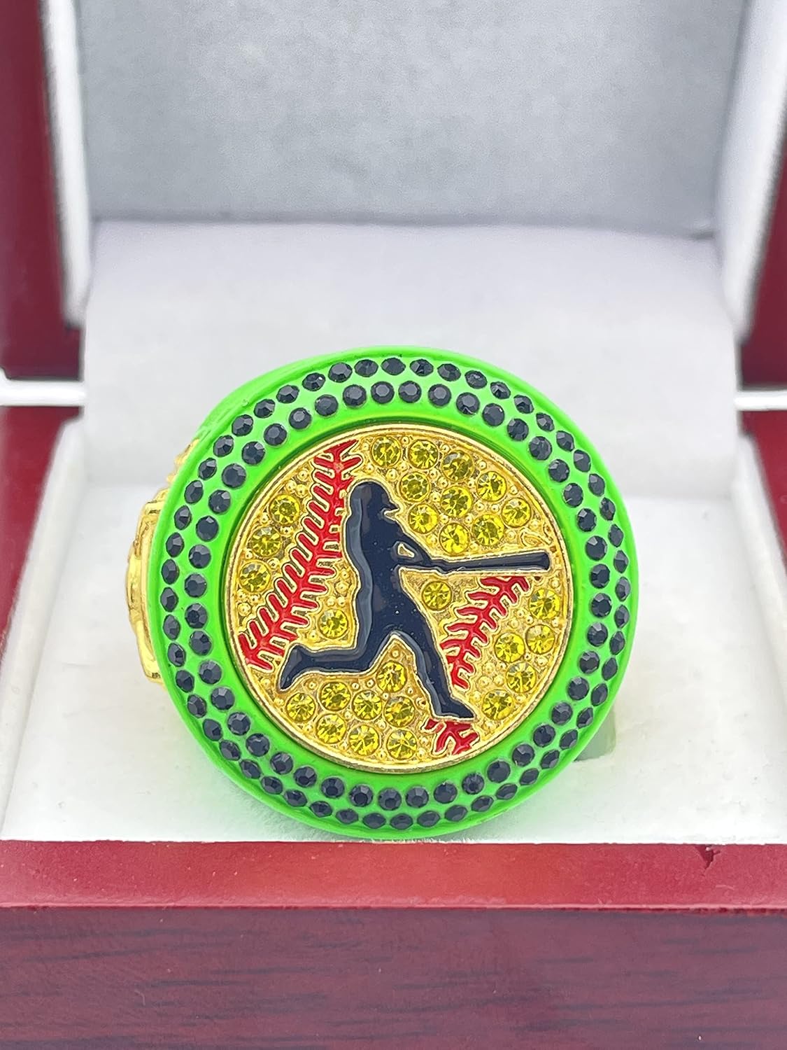 Discount Sports Rings, Softball Batter CHAMPION RING — Player Award, assorted colors and gemstones (Neon Green)