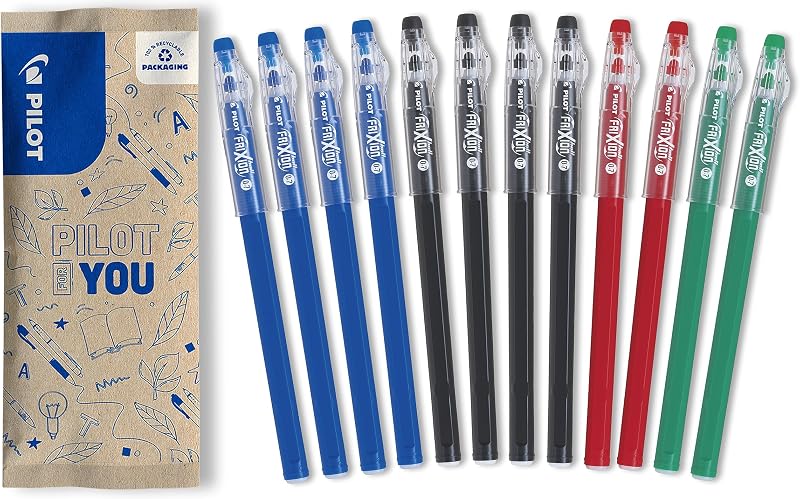 Set 12 Pixuri cu Gel Ștergibile PILOT FriXion Ball Stick - 4 Albastre, 4 Negre, 2 Roșii, 2 Verzi - Vârf Mediu - Pentru Penar Școlar