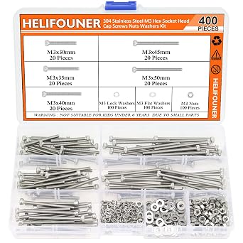 HELIFOUNER 400 Pieces M3 x 30mm /35mm /40mm /45mm /50mm, Hex Socket Head Cap Metric Screws Bolts Washers Nuts Kit, 304 Stainless Steel