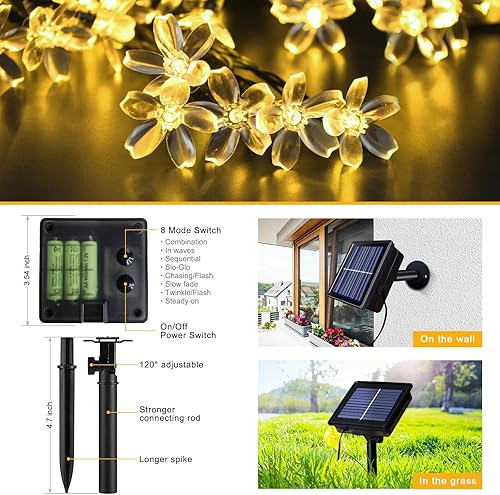 Miniatura 5 de JMEXSUSS Luces solares de red con flores impermeables para exteriores, 5 x 5 pies, luces solares de malla para exteriores, 8 modos de luces de
