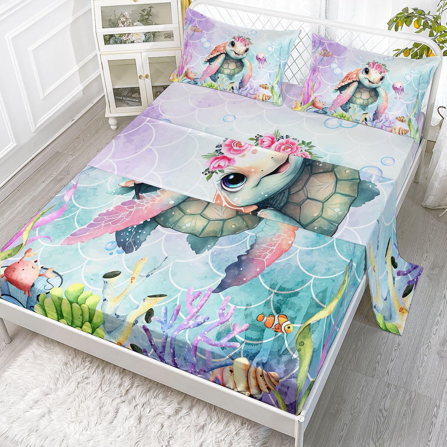 Turtle Sheets Set 4Pcs for Kids,Colorful Turtle Marine Life Printed Sheet Set with 1 Flat Sheet and 1 Fitted Sheet + 2 Pillowcases(Colorful Turtle Queen)