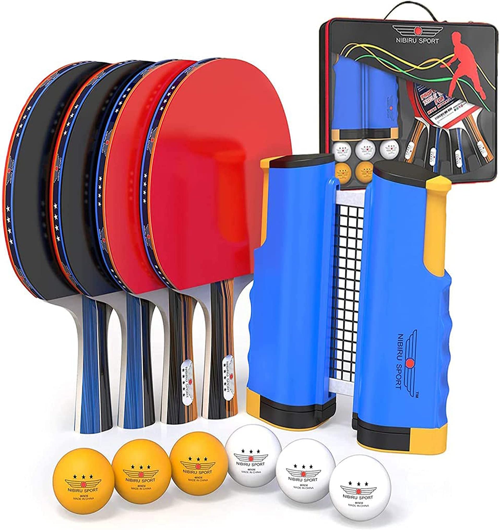 NIBIRU SPORT Professional Ping Pong Paddle Sets - 2 Player or 4 Player Table Tennis Paddles, Retractable Net, Pingpong Balls and Carry Bag Storage Case - Table Tennis Equipment & Ping Pong Accessories