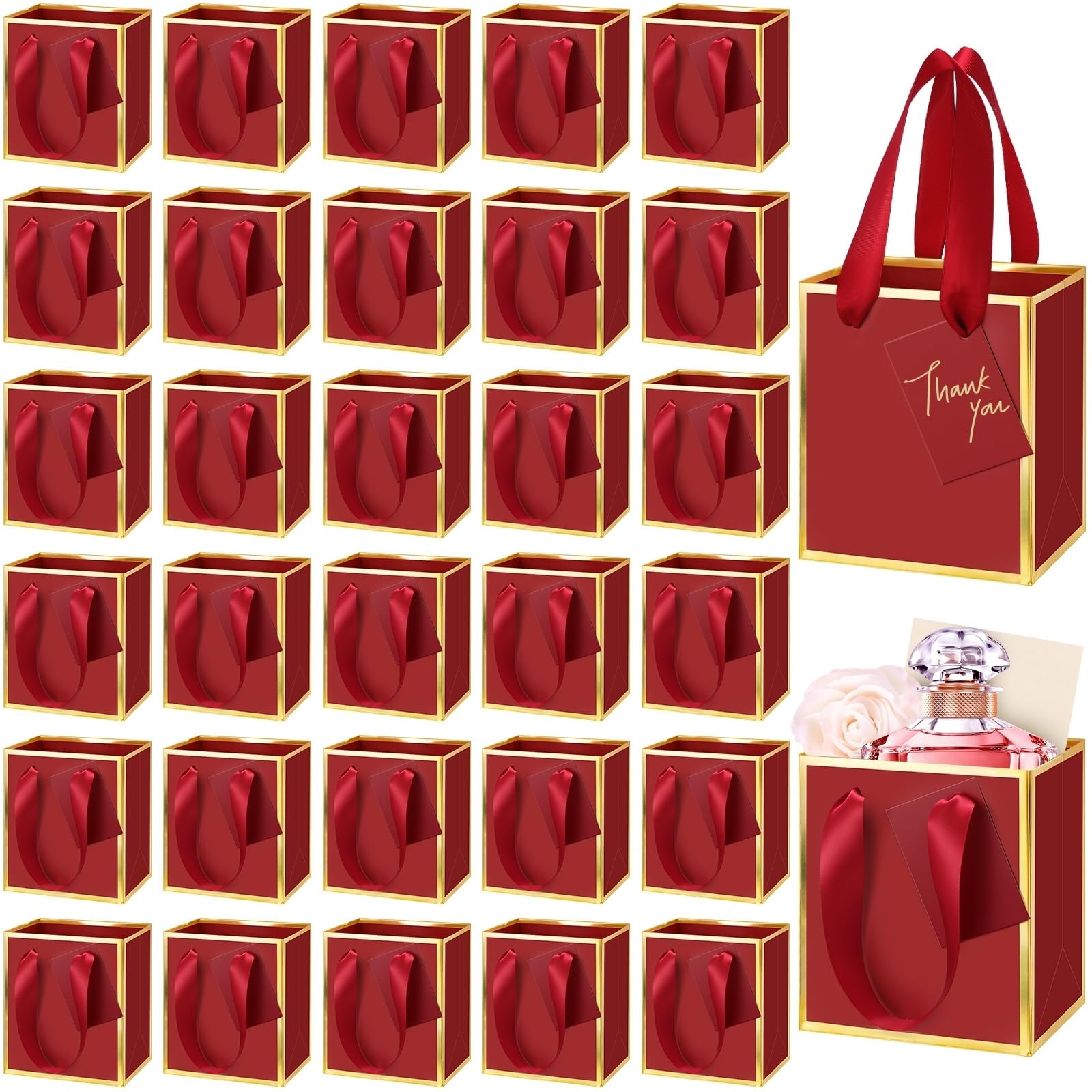 Yeaqee 50 Pcs Mini Metallic Paper Gift Bags with Handles 4x2.75x4.5'' Tiny Small Gift Bags with Thank You Tag for Wedding Favor Birthday Welcome Return Gifts (Burgundy Red, Gold)