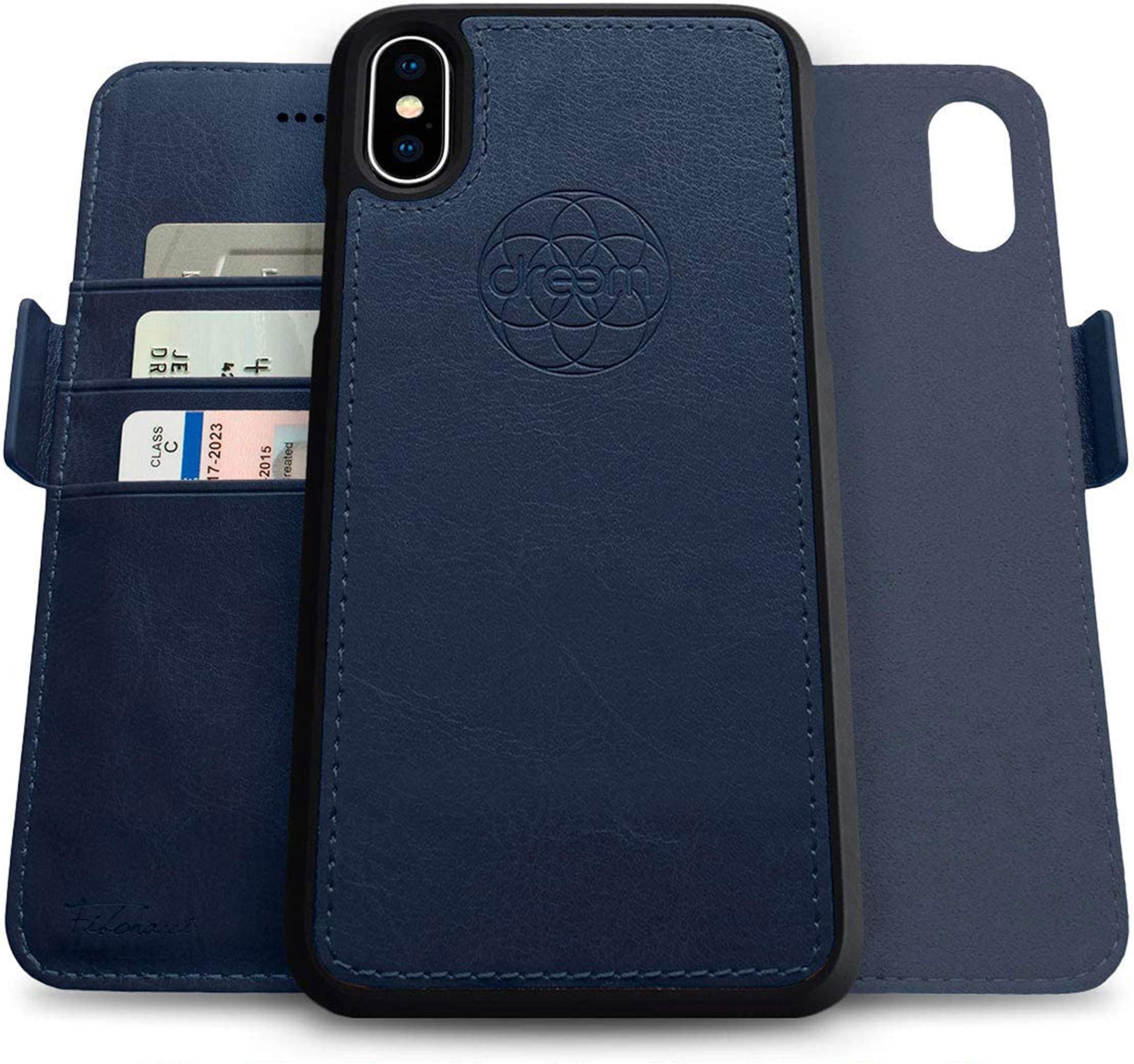 dreemFibonacci 2-in-1 Wallet Case for Apple iPhone X & Xs - Luxury Vegan Leather, Magnetic Detachable Shockproof Phone Case, RFID Card Protection, 2-Way Flip Stand - Royal