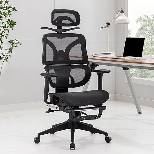 Miniatura 2 de VECELO Silla de oficina giratoria ergonómica de malla con respaldo alto con reposapiés retráctil, respaldo ajustable, función de inclinación,