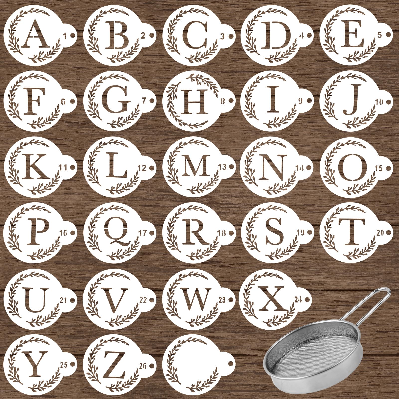 27pcs Letter Stencil for Cakes with Flour Sifter, Cookie Decorating Template Reusable Alphabet Stencils Sourdough Bread Baking Tools Gifts for Sourdough Bakers