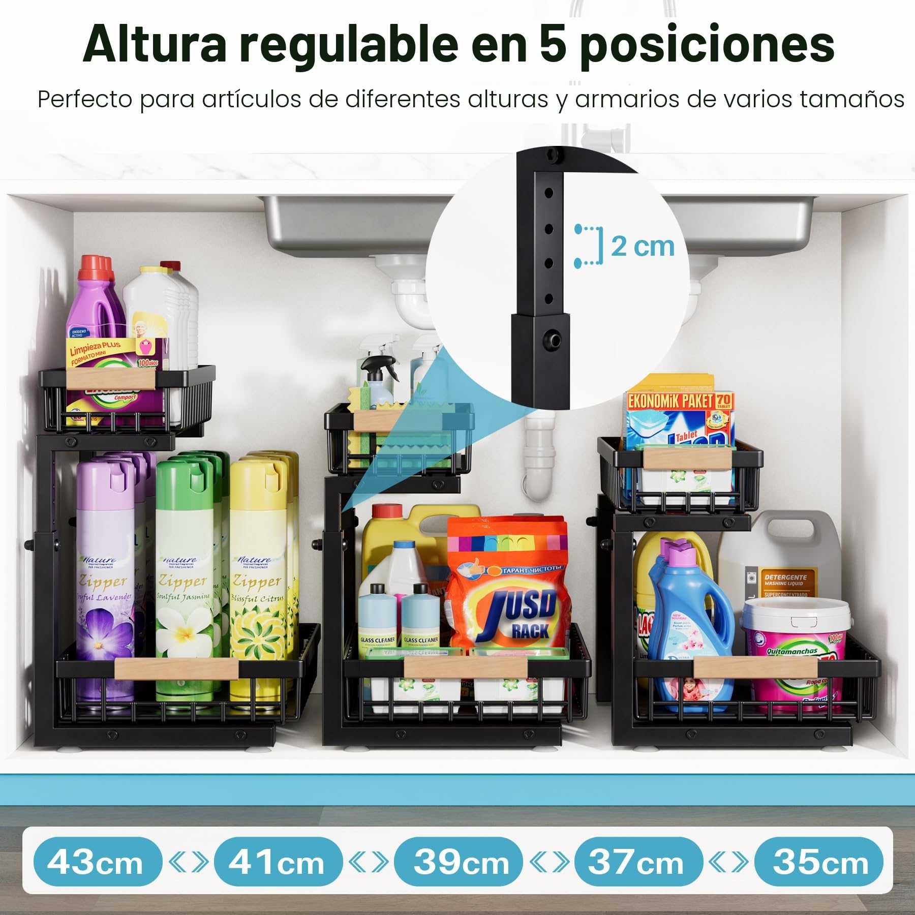 Metal 2 Paquete Organizador Cocina 2 Niveles Organizador Bajo Fregadero, De Servicio Pesado Extraíble Organizador Fregadero Cocina Para, Baño,Negro