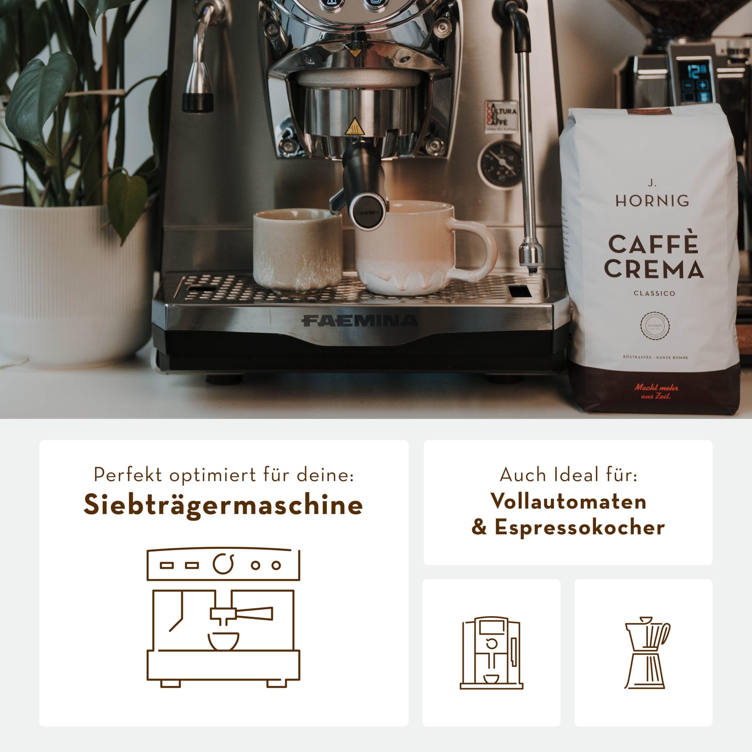 J. Hornig Kaffeebohnen Espresso, Caffè Crema Classico, 6x1kg Vorratspackung, Arabica & Robusta, säurearmer Kaffee mit nussig-schokoladigen Noten, Stärke 4/5