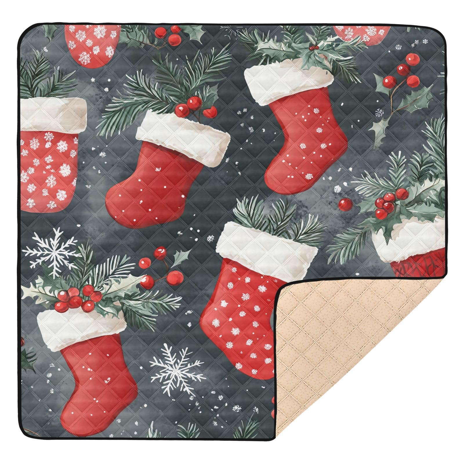 BOESI Doodle Christmas Stocking Pattern Baby Play Mat, 50“ X 50” Washable Folding Crawling Mat, Baby Floor Mat, Soft, Thick, Non-Slip