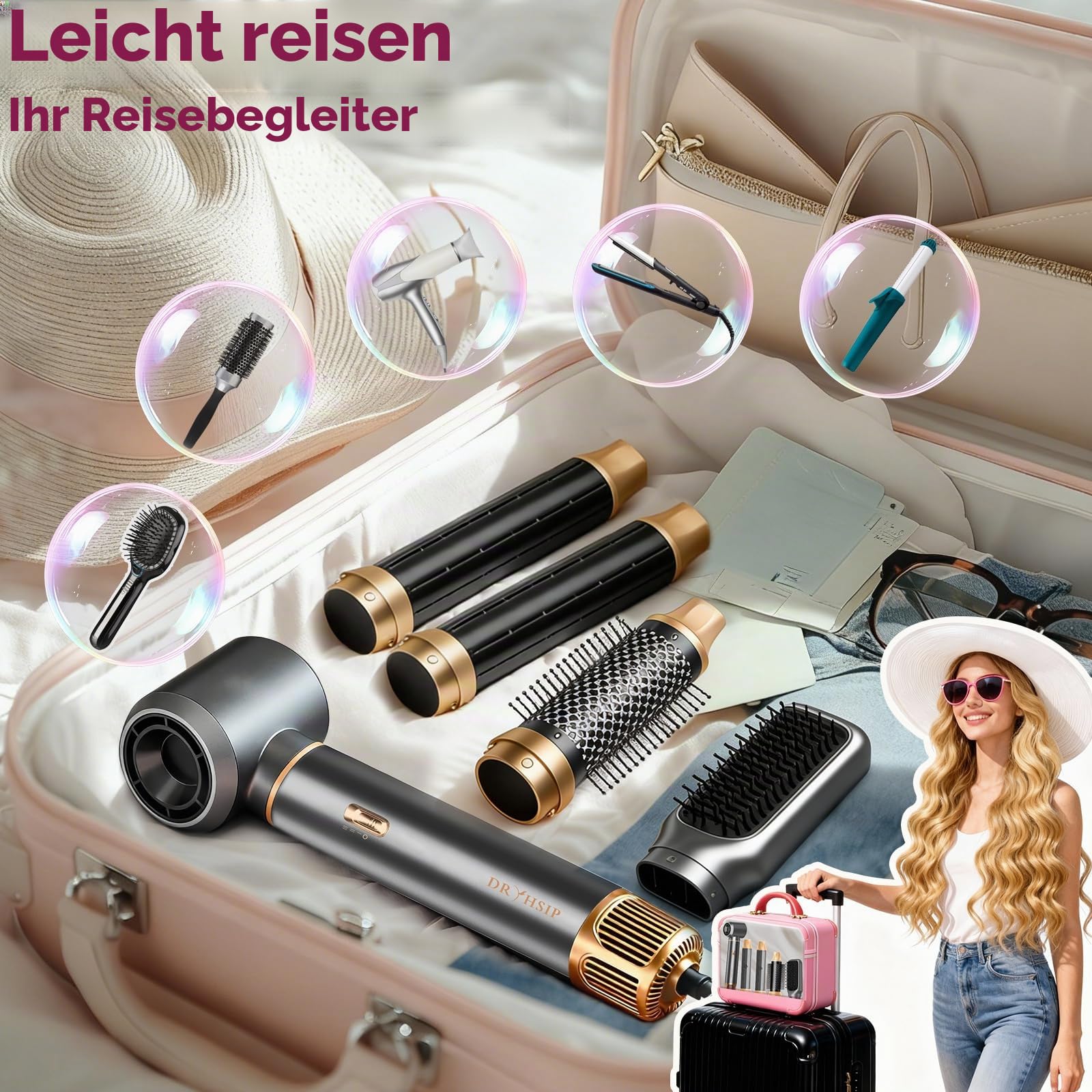 Dryhsip Warmluftbürste, 5 in 1 Hairstyler, Föhnbürste mit haartrockner für Frauen, Airstyler mit Föhn, Glätten,Lockenstab Automatisch, Haarglätter, Rundbürstenföhn,3 Temperaturen (Pearl Grey)