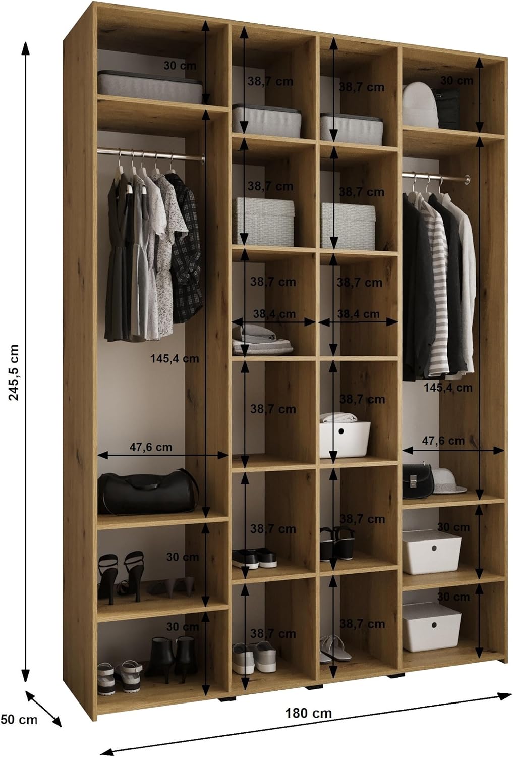 Diagram showing internal dimensions and layout of the ABIKSMEBLE COMO wardrobe with shelves and hanging space.
