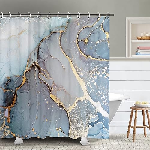 RosieLily Cortina de ducha abstracta de mármol, juego de cortinas de ducha azul degradado con 10 ganchos, cortina de baño impermeable decorativa, 36
