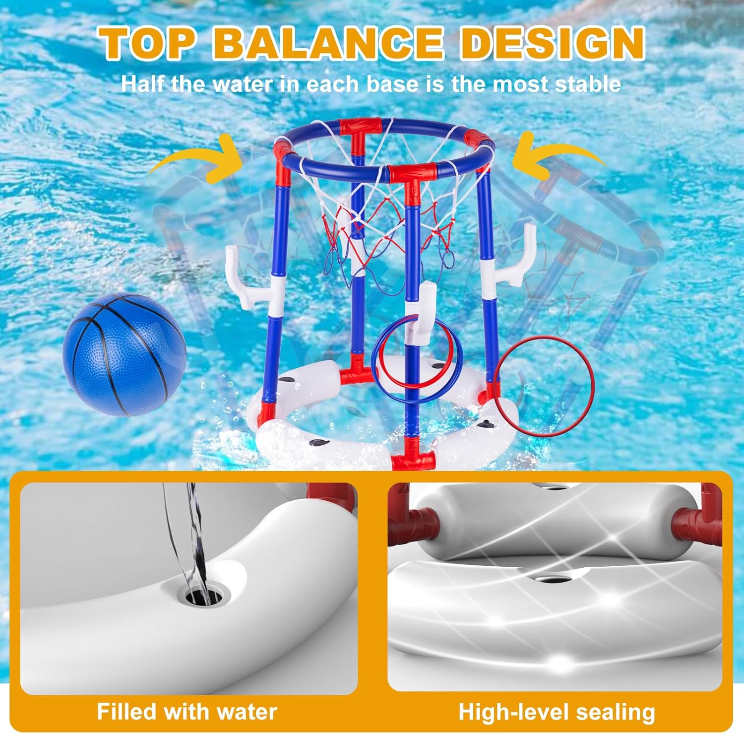 Taotuo Blue Floating Pool Basketball Hoop, 2-in-1 Basketball & Ring Toss Game with 4 Balls, 6 Rings&Pump, Summer Pool Toys Outdoor Water Fun Family Party for Age 3-12