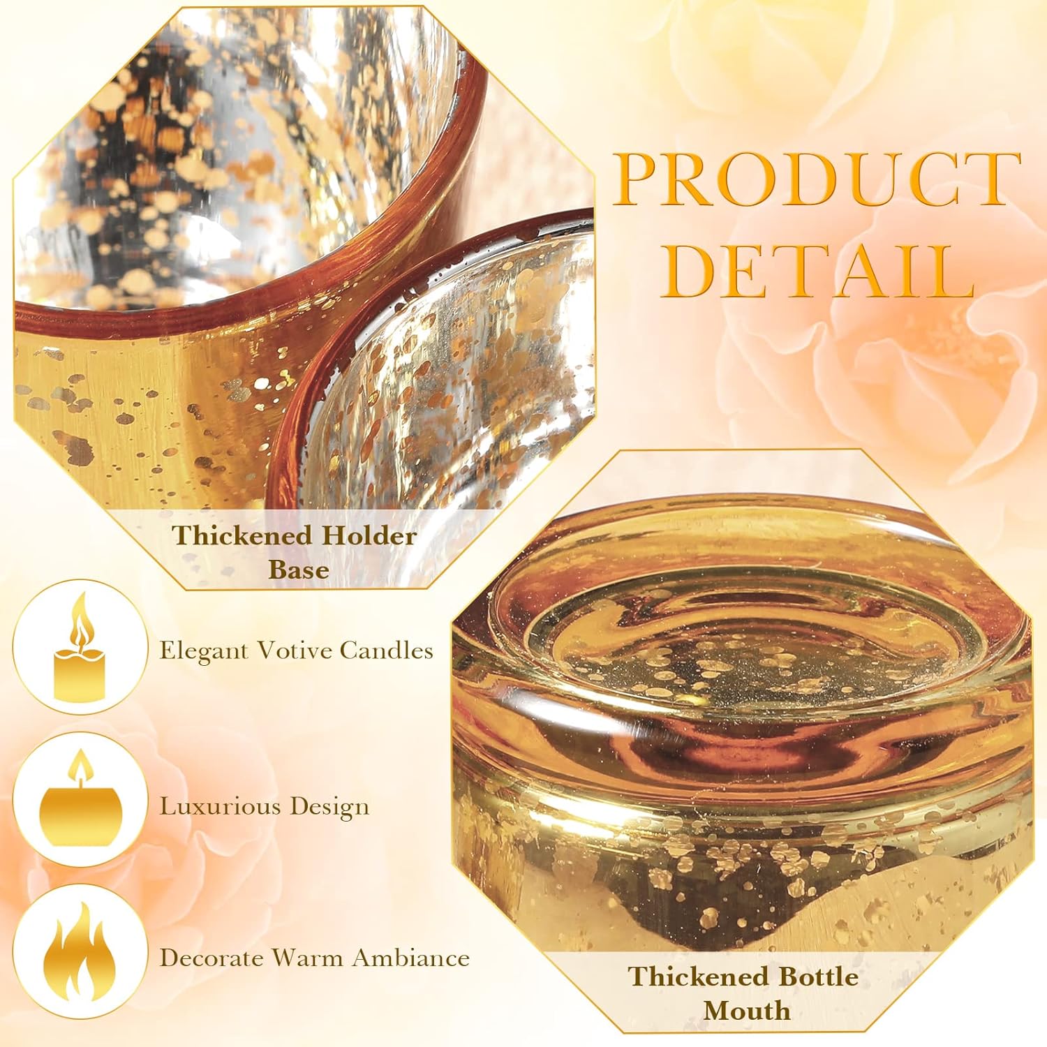 48 Pcs Votive Candle Holders Mercury Glass Candle Holder Tea Lights Candles Holders for Wedding Party Bridal Shower Anniversary Valentine's Day Table Centerpieces Decorations, 2 Styles (Gold)