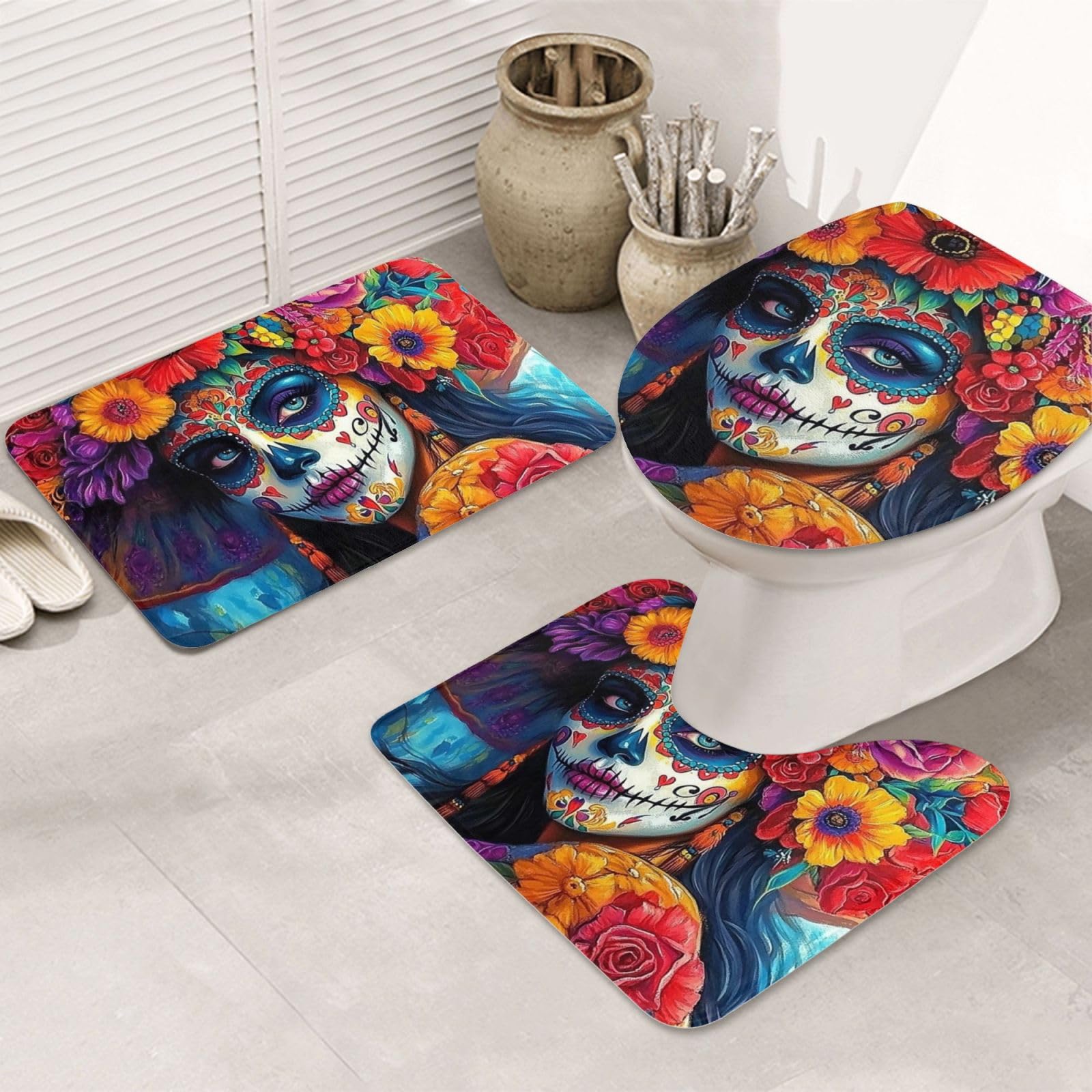 Juego de alfombras de baño de 3 piezas con esqueleto floral: funda de inodoro y alfombrillas