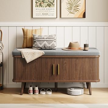 Decofy Shoe Storage Bench with Cushion and Sliding Doors, 39 Inch Shoe Bench with Storage, Freestanding Entryway Bench with Shoe Storage, with Solid Wood Legs, for Hallway & Entrance Hall, Walnut