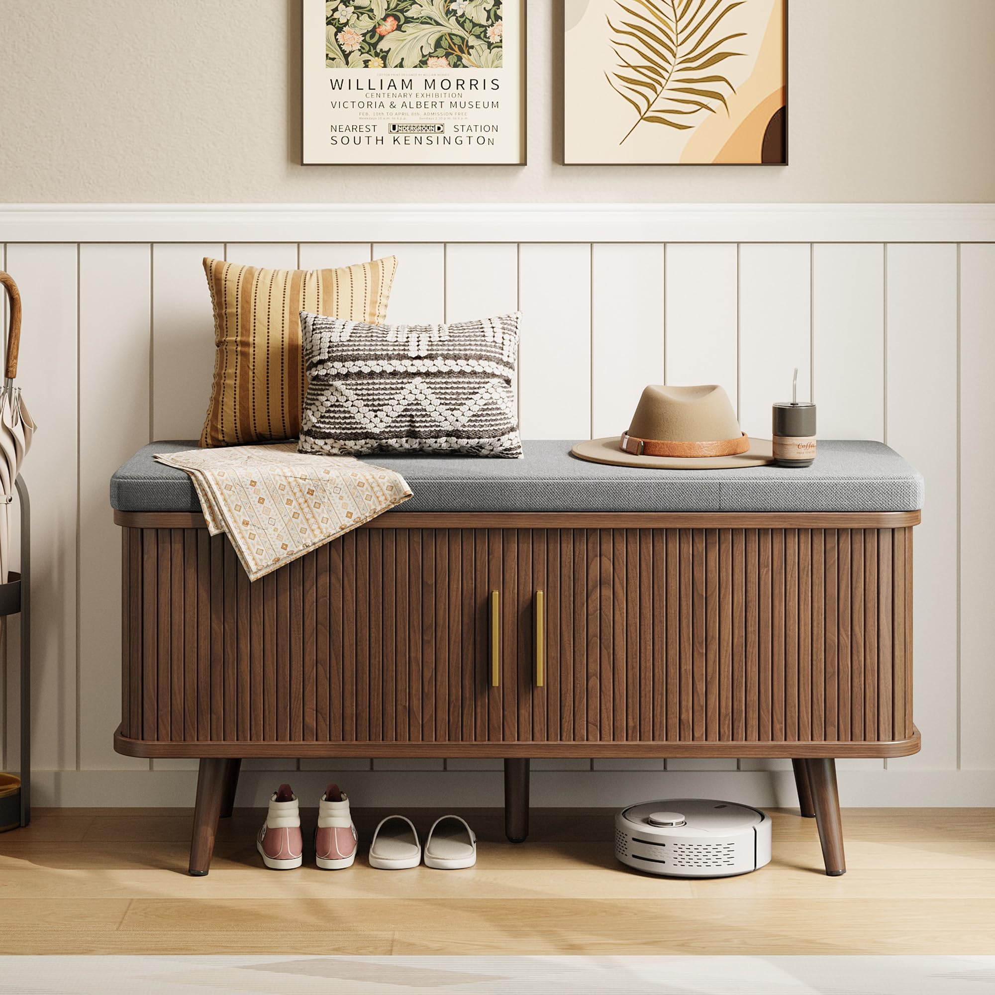 Decofy Shoe Storage Bench with Cushion and Sliding Doors, 39 Inch Shoe Bench with Storage, Freestanding Entryway Bench with Shoe Storage, with Solid Wood Legs, for Hallway & Entrance Hall, Walnut