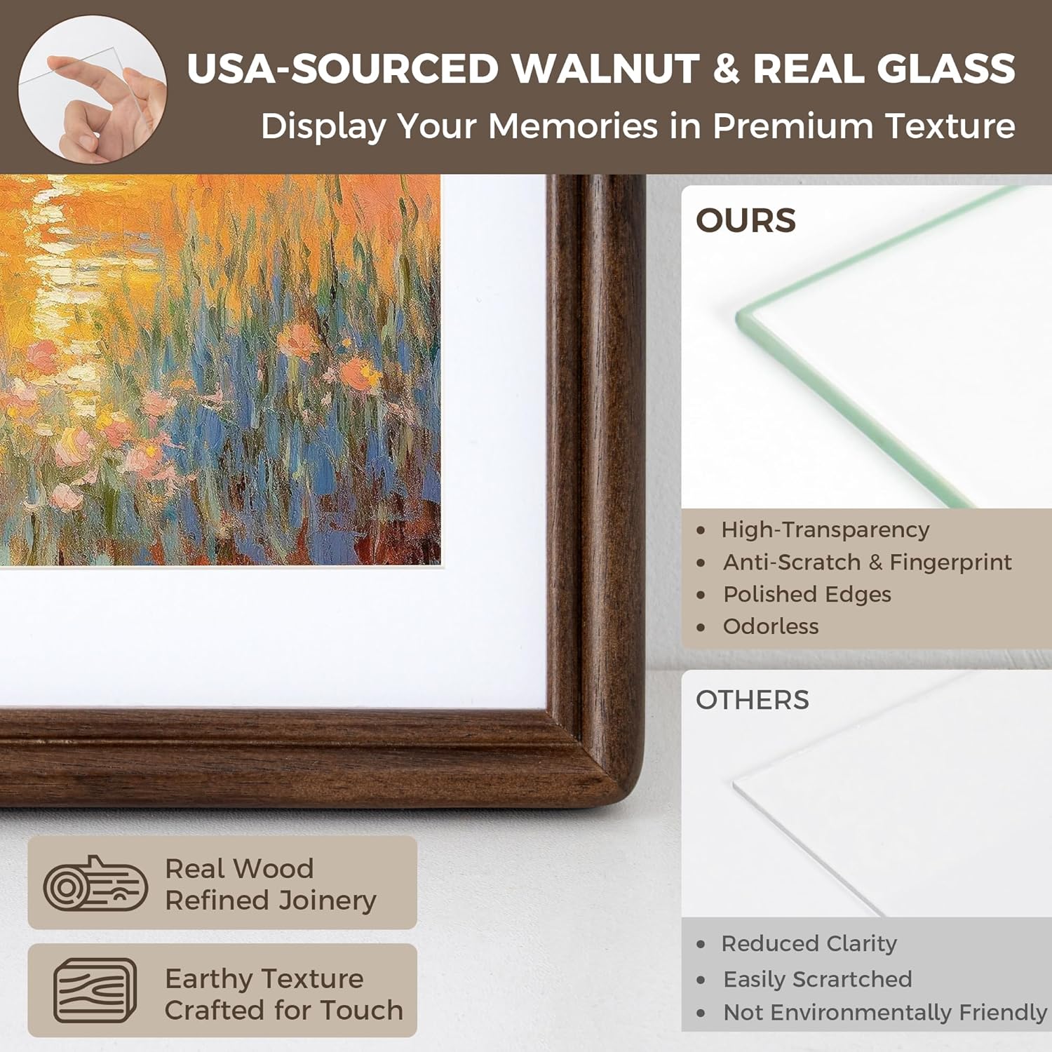 Dreamland 16x20 Picture Frame for Wall, Solid Walnut Wood 16 x 20 Frames for Home Decor, 16 by 20 Frame with Real Glass, 16x20 Picture Frame Matted to 11x14 - Image 4