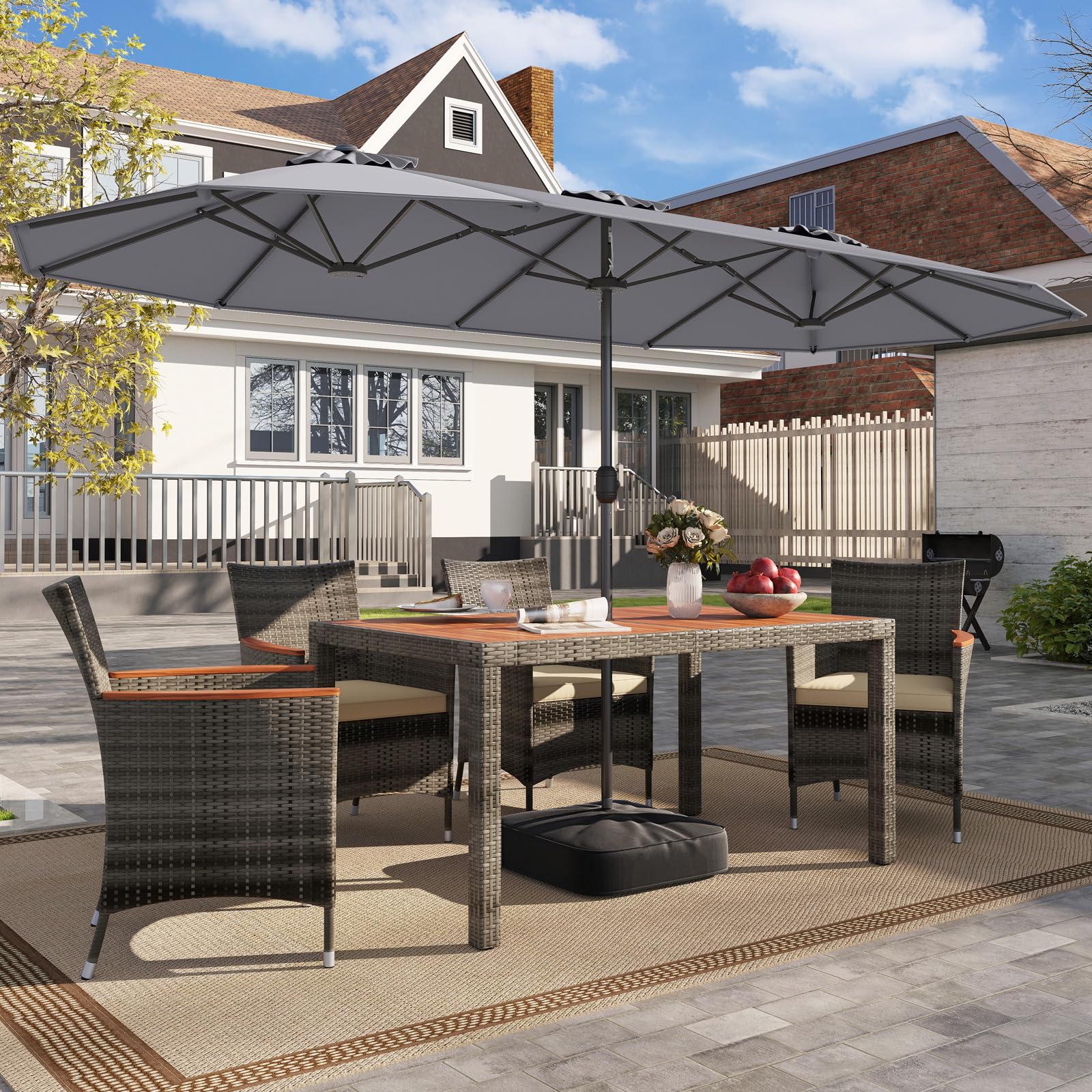 RELAX4LIFE Grand Parasol de Jardin Extérieur avec Pied | Parasol Double Terrasse à 12 Baleines | Manivelle | Polyester Résistant | Verrou de Sécurité | Protection UV pour Piscine Patio Marché (Gris)