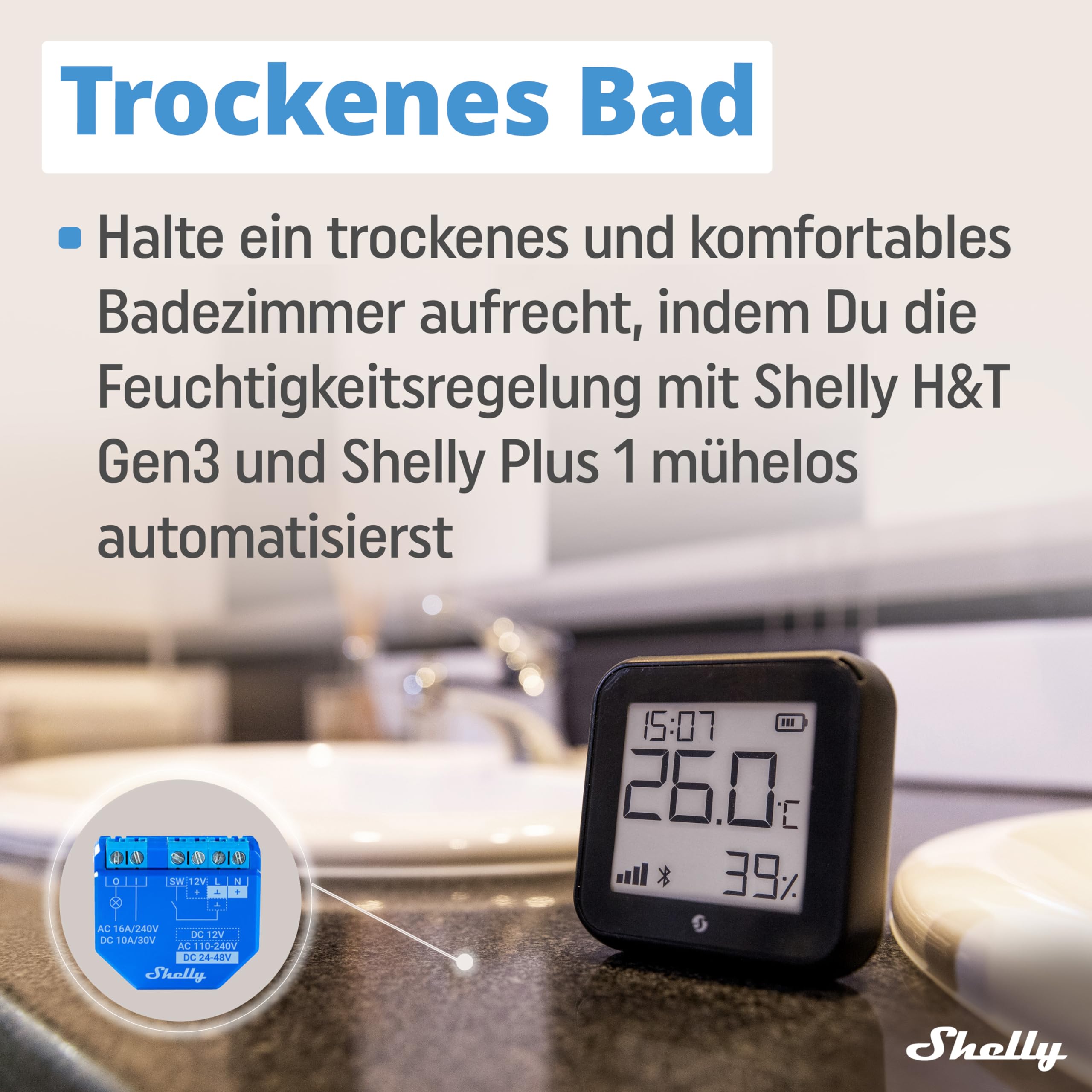 Shelly H&T Gen3 Schwarz | WLAN Smart Temperatur- und Feuchtigkeitssensor | Fernsteuerung | Smarte Szenen | Benachrichtigungen | Datenspeicherung | Kein Hub Erforderlich | Alexa & Google Home