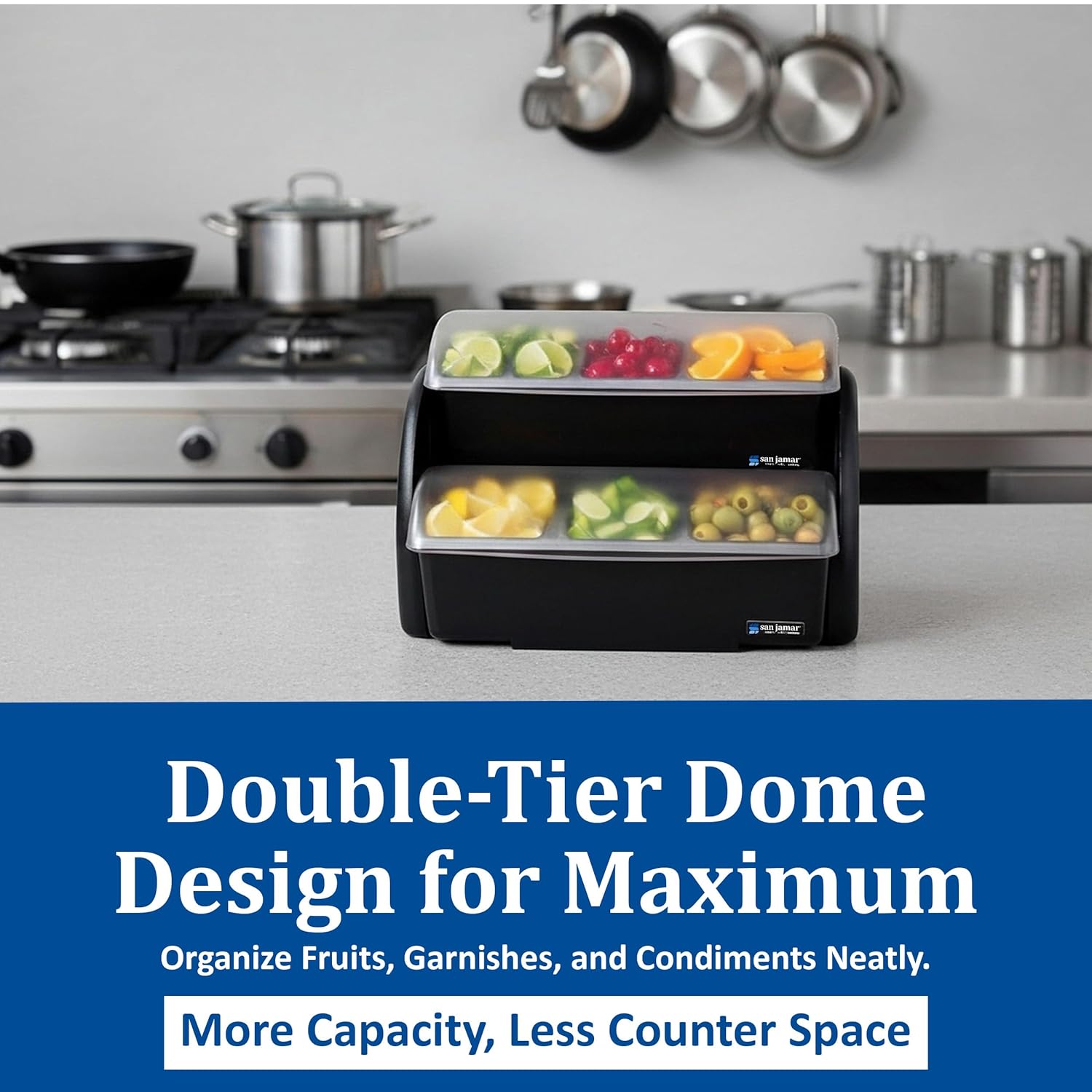 San Jamar Dome Stacked Condiment Center with Dome Lids for Kitchen, Bar, and Restaurants, Plastic, 9 Trays, Black