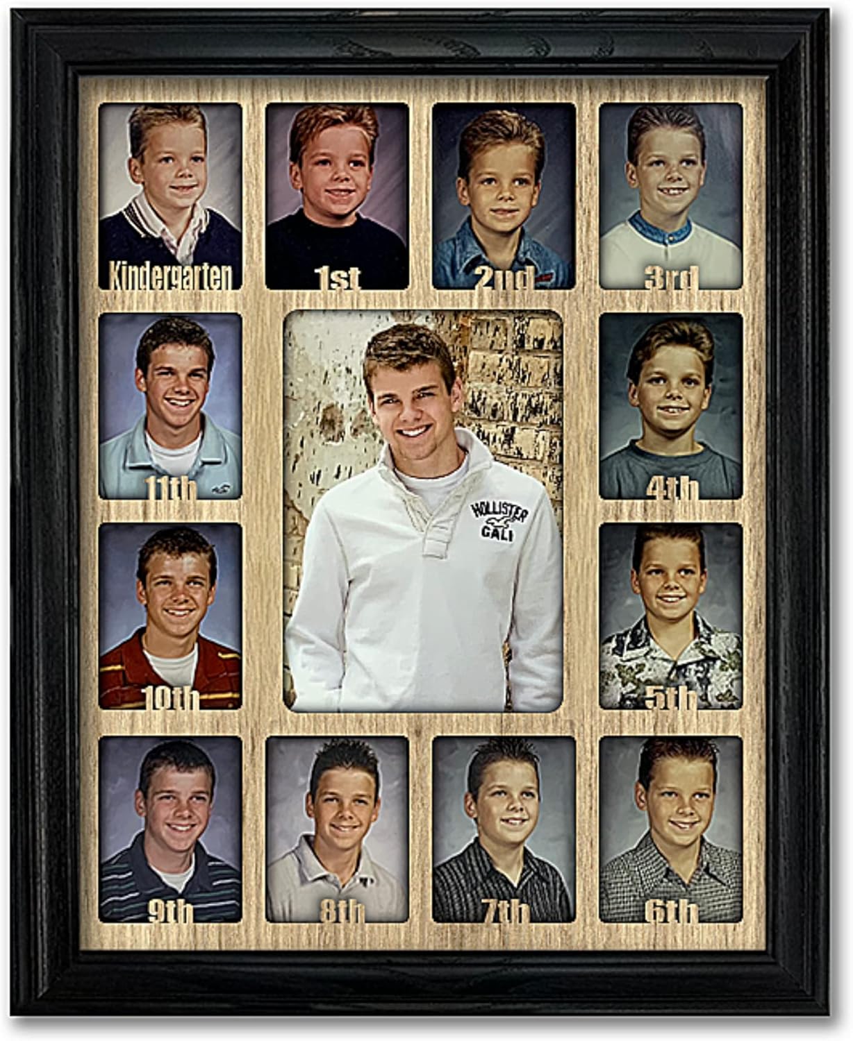 Northland School-Years Picture Frame - Holds Twelve 2.5" x 3.5" School Photos and 5" x 7" Kindergarten to Graduation Picture, Black Frame, Light Gray Mat, Customizable