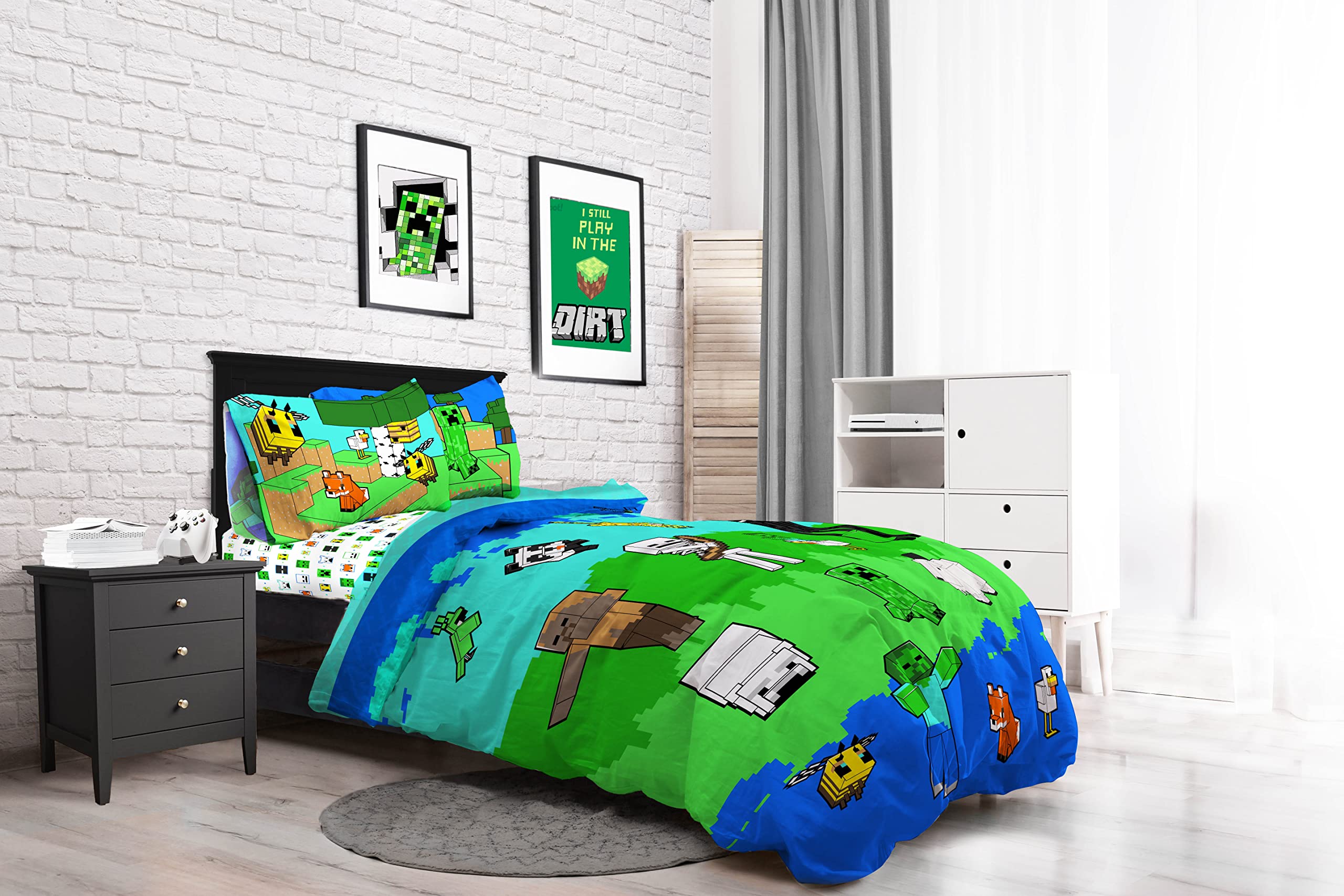 Minecraft El Creeper Modo Creativo Juego de Ropa de Cama Infantil 3 Piezas 100% Algodón Cama Individual - Incluye Funda Edredon 135x200cm + Sabana Bajera 90x200cm + Funda de Almohada 50x70cm