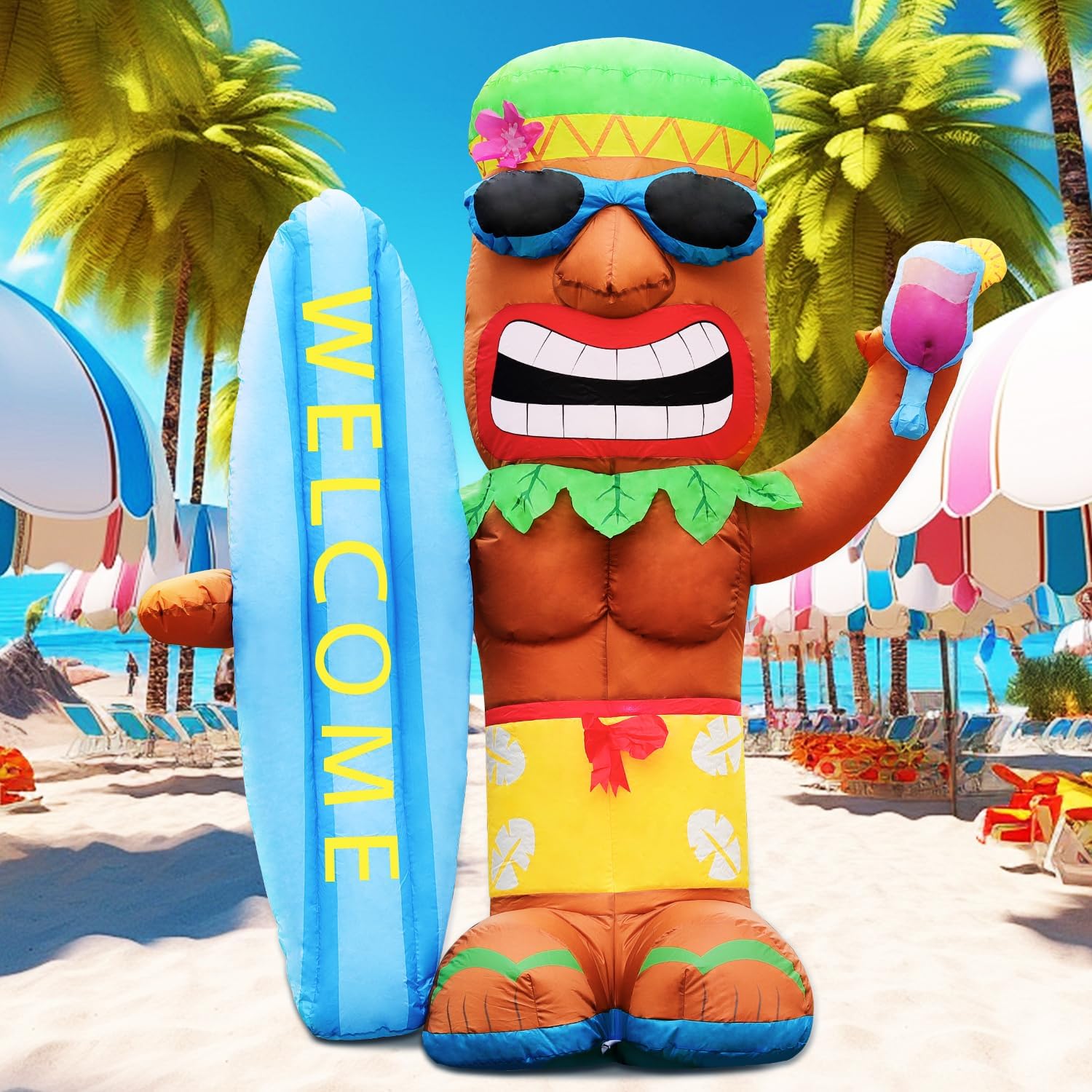 DomKom 5FT Tiki Luau Inflatables, Tiki with Surfboard and Wine Glass, Hawaiian Summer Tropical Beach Blow up Party Decor Party Giant Yard Decoration, Outdoor Built-in LED Lights Lawn Holiday Outside