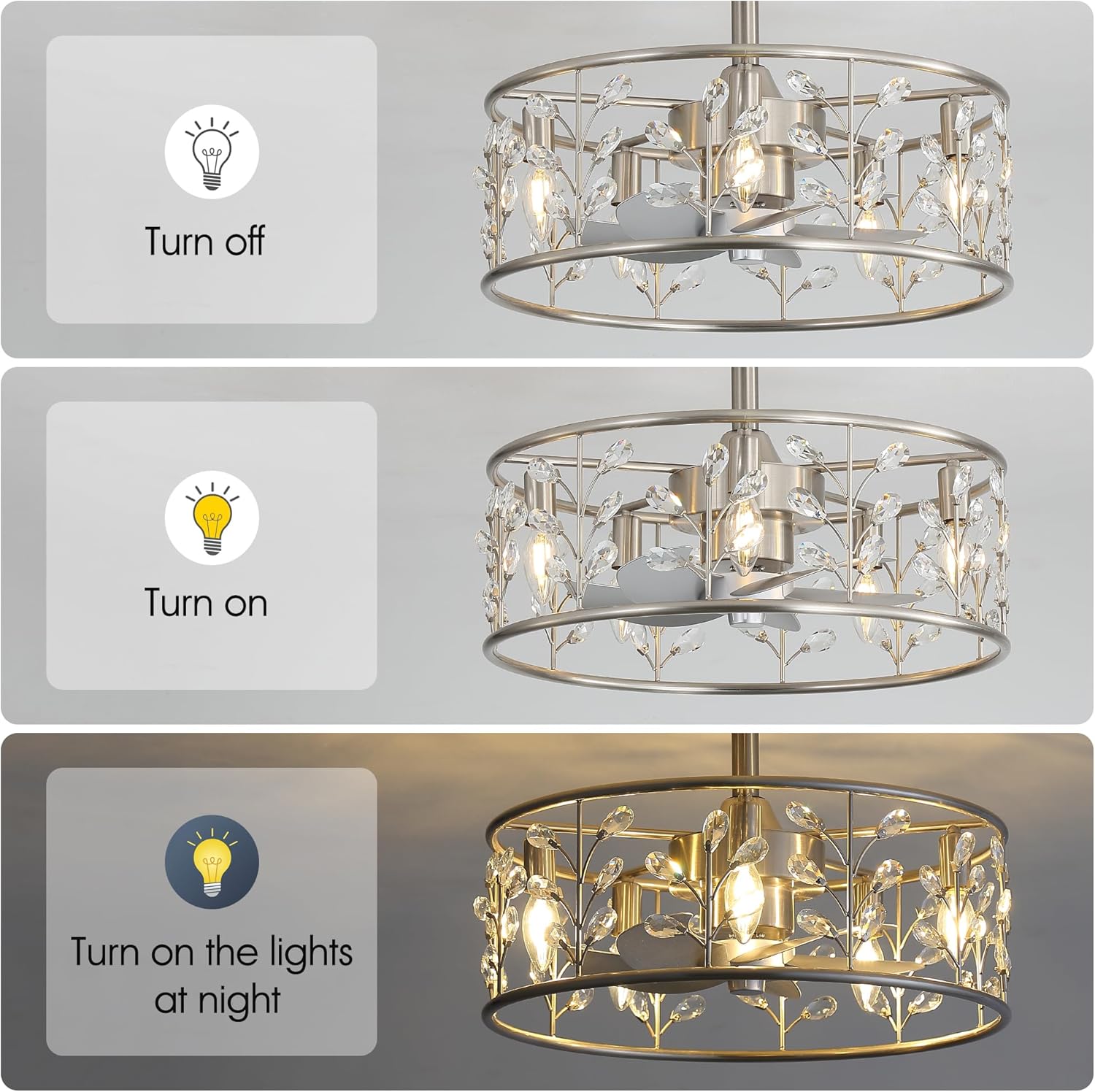 20" Caged Ceiling Fan with Light and Remote, Small Low Profile Fandelier, 6 Wind Speeds, Modern Industrial Crystal Fan for Bedroom, Kitchen, Dining Room (Satin Nickel)