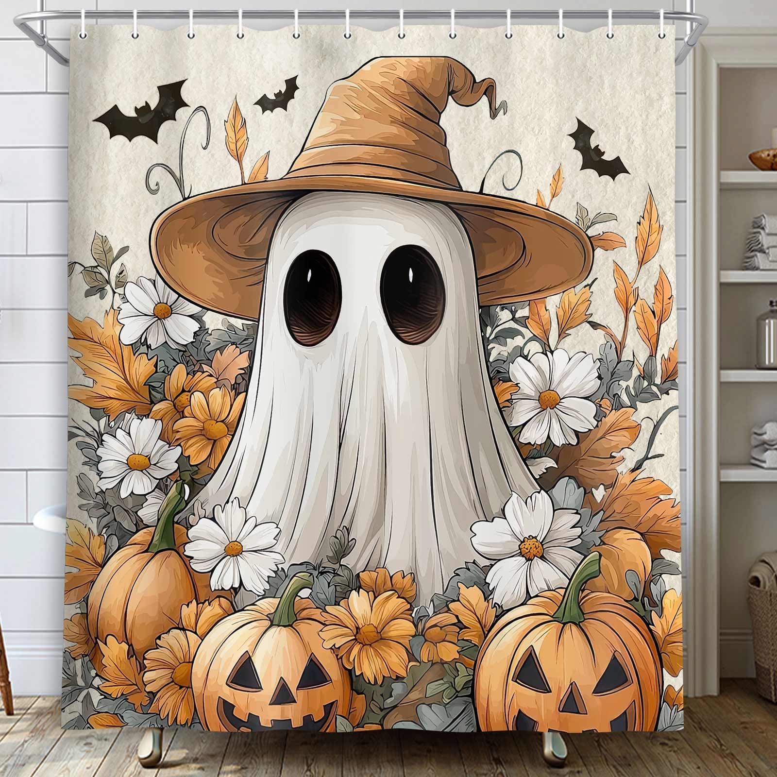 Lacoiime Halloween Shower Curtain, Spooky Bathroom Curtain Ghost Pumpkin Halloween Ghost Cute Funny Fall Autumn Floral Shower Curtains Bathroom Decor Set with Hooks,60X70IN