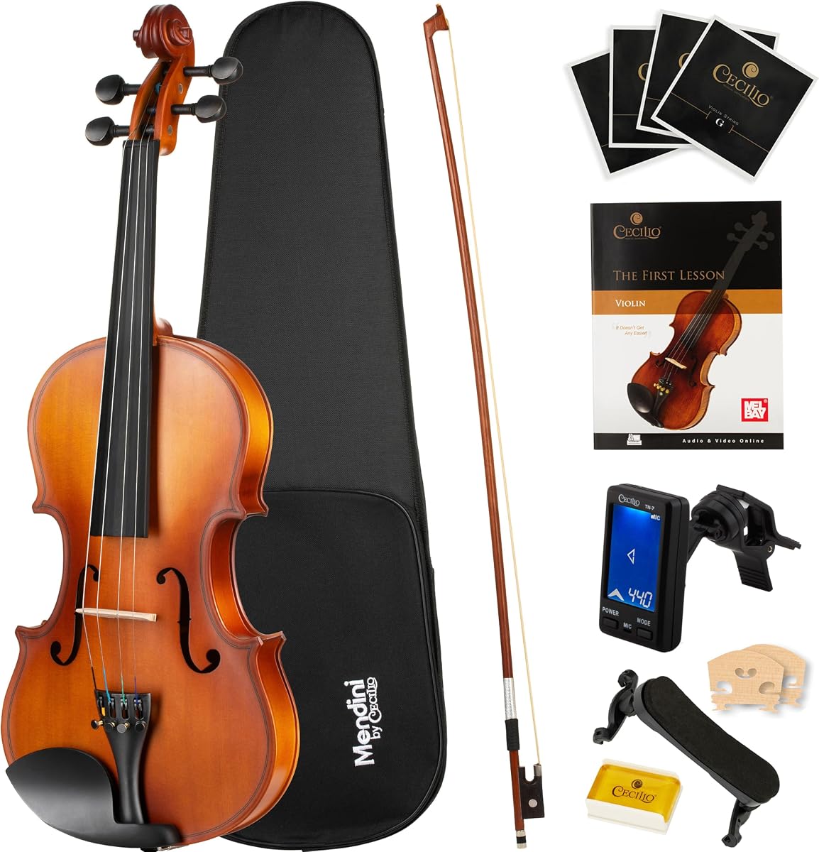 Set de violín Mendini de Cecilio 1/2 para principiantes - Kit de violín de madera maciza con estuche rígido - Violín acústico con lazo, colofonia, afinador, cuerdas y puente adicionales, apoyo para los hombros y libro de lecciones (satinado antiguo)