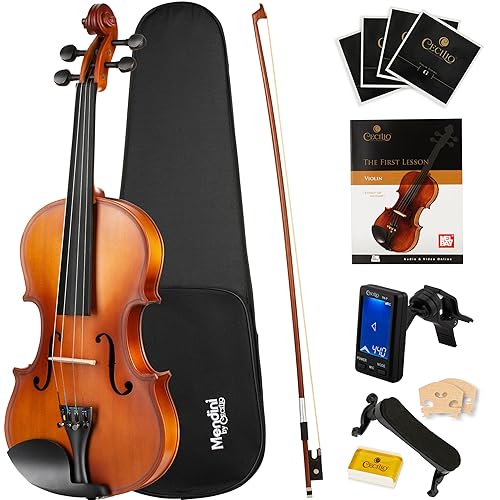 Mendini By Cecilio Violin 4/4 Full Size For Beginners - Fiddle Solidwood Kit with Hard Case - Acoustic Violins with Bow, Rosin, Tuner, Extra Strings & Bridge, Shoulder Rest and Lesson Book