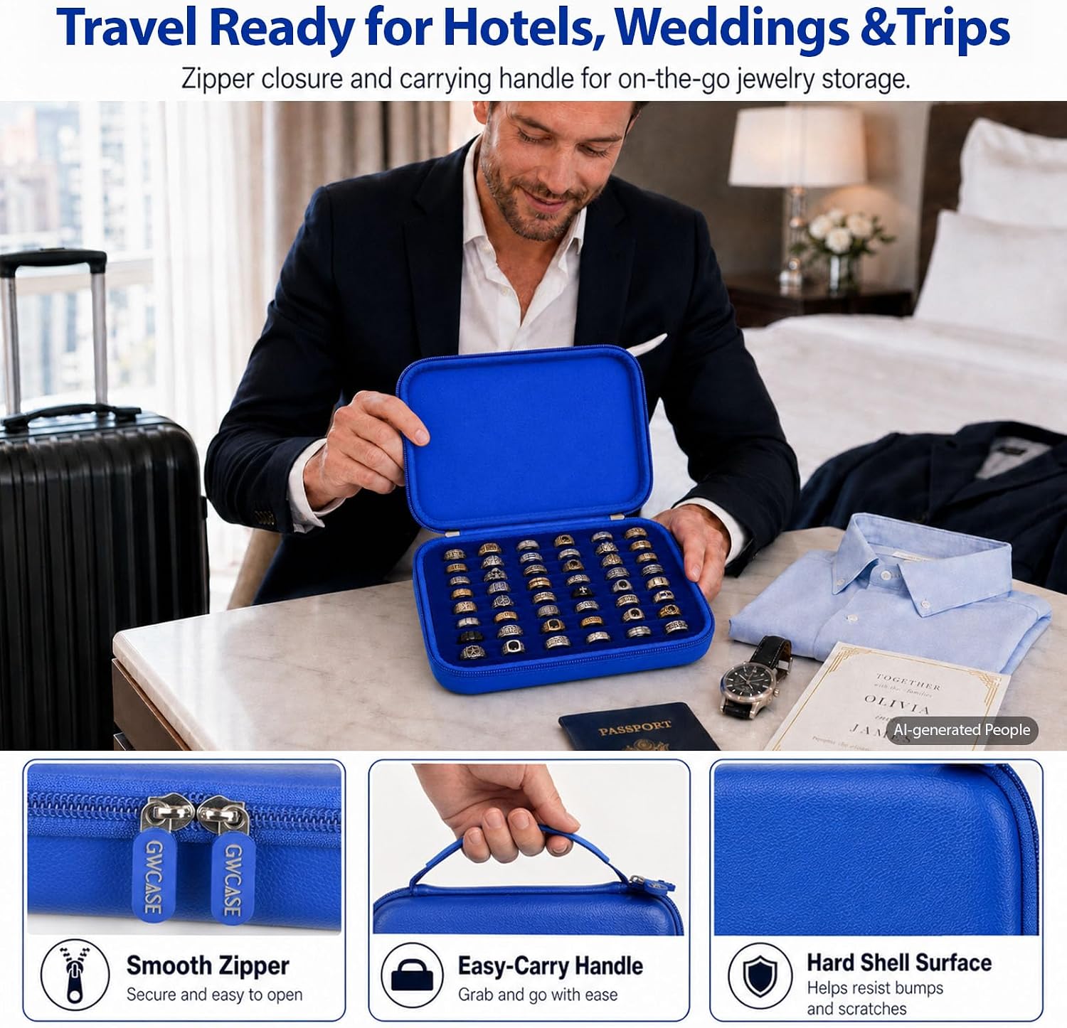 GWCASE Ring Organizer Box 42-Slot Hard Shell Case Holds 50+ Pcs, Dark Blue image 2