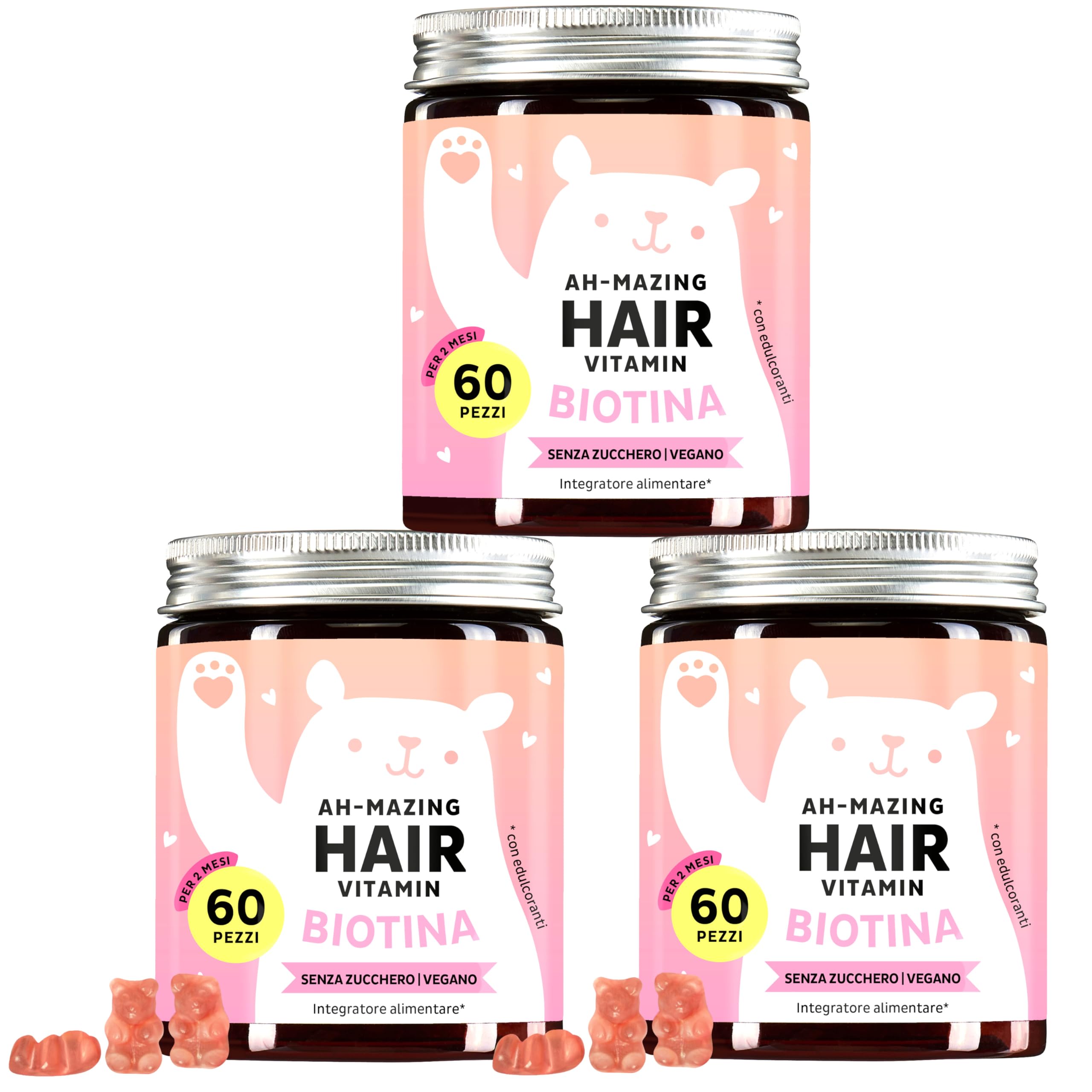 Caramelle Gommose Biotina Ah-mazing Hair, Confezione da 3 – Vitamine per Capelli, Pelle e Unghie – 5000 µg di Biotina e Vitamina C – 180 Pezzi (6 Mesi), Vegano, Senza Zucchero, Bears with Benefits