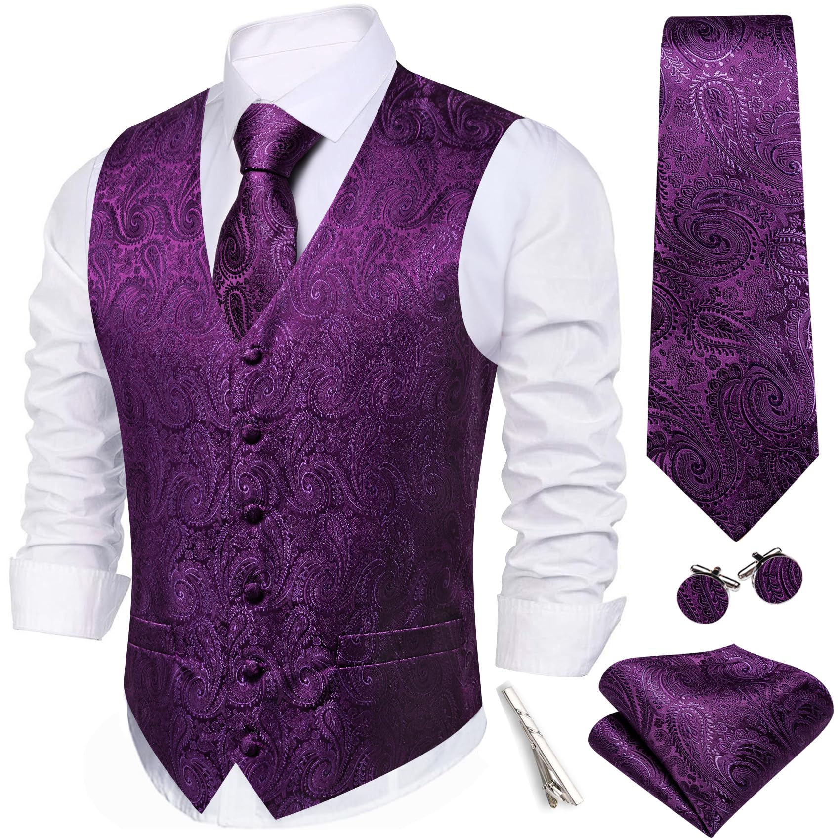 Barry.Wang Mens Suit Vest Floral Silk Waistcoat Ties Formal/Leisure 5PCS