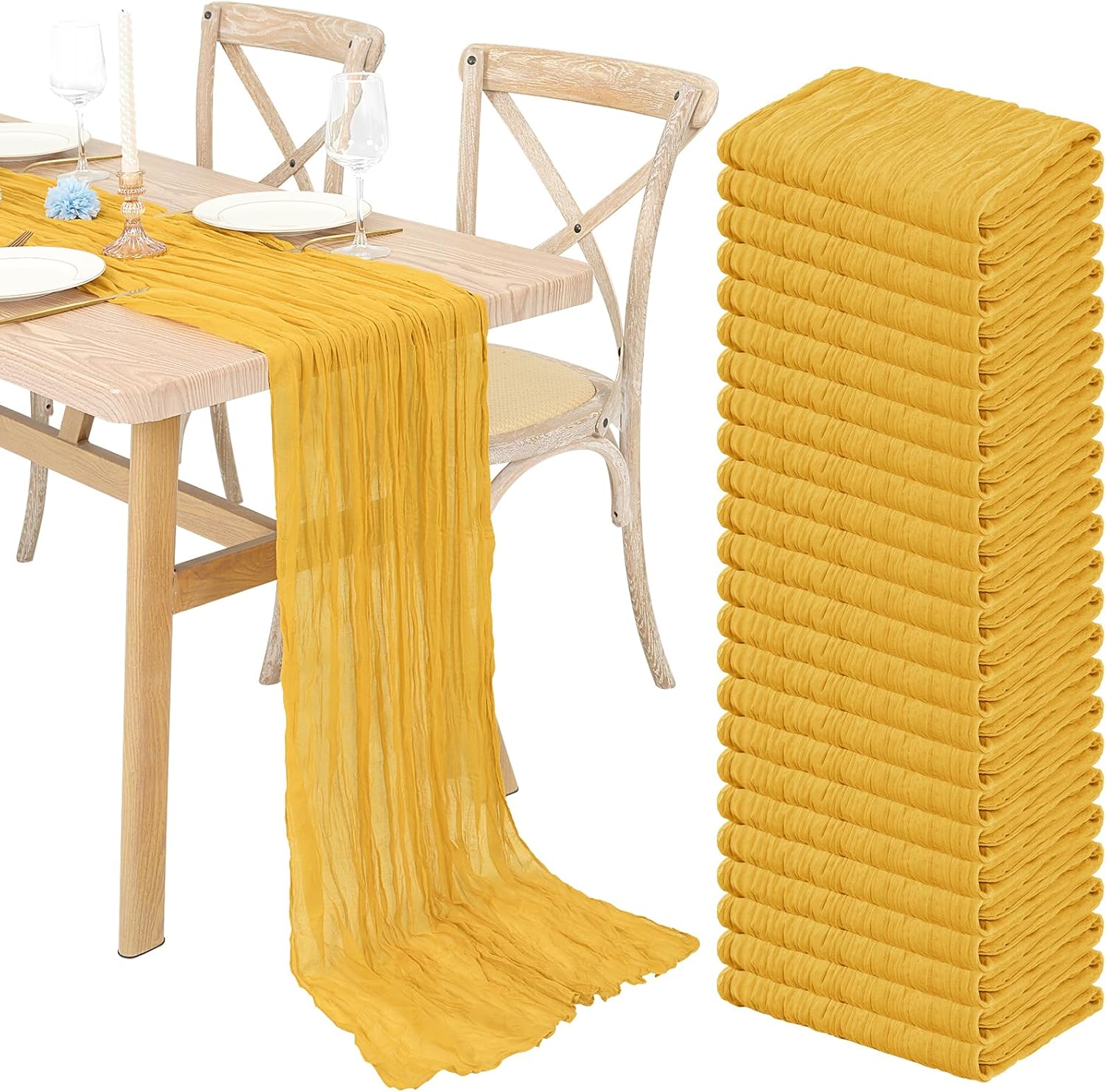24 Pack Mustard Cheesecloth Table Runner 10FT, Boho Gauze Table Runner Long Romantic Sheer Fabric Cheese Cloth Table Runners for Wedding Bridal Shower Party Spring Easter Decor(21.5x157Inch)