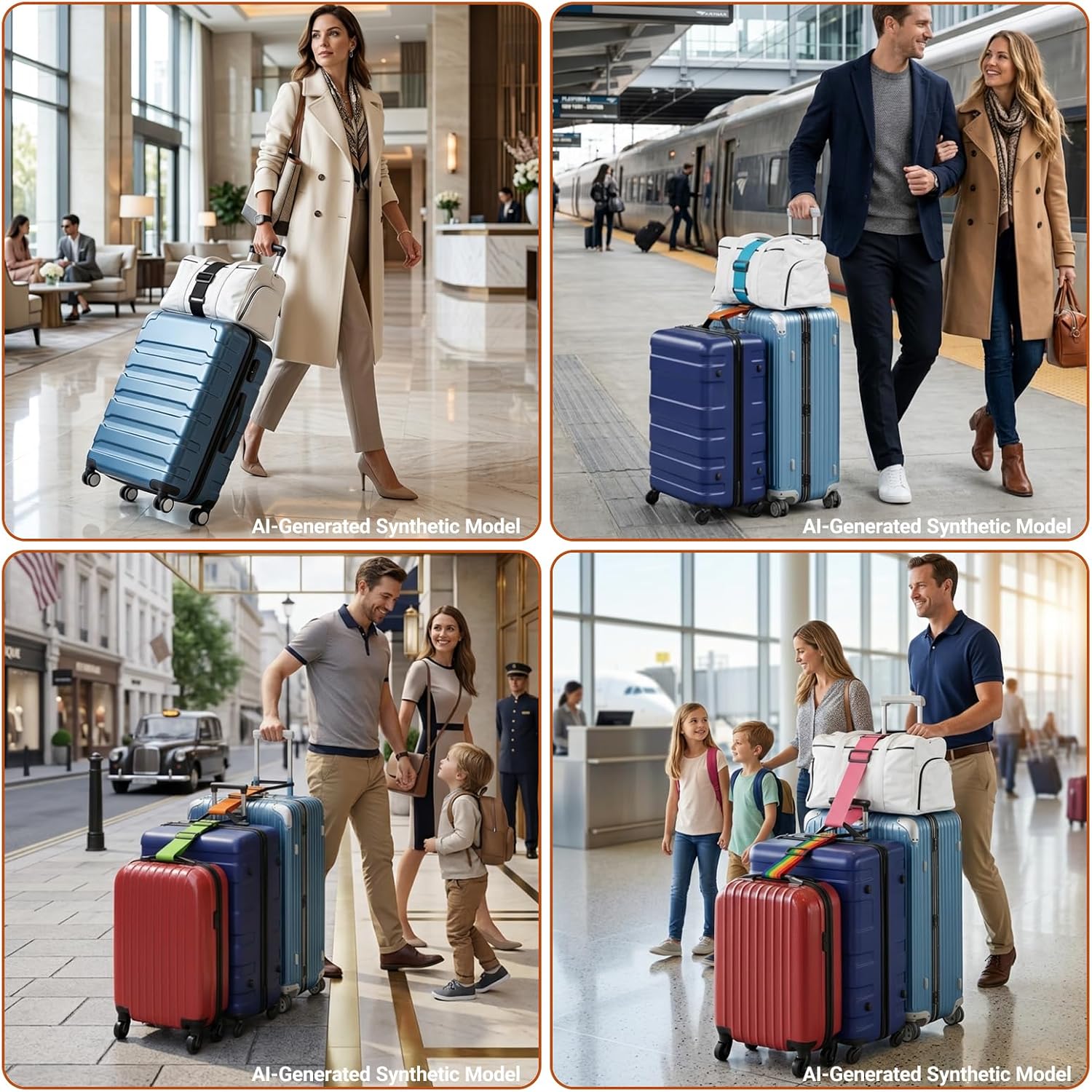 BILIONE 4 Pack Adjustable Elastic Luggage Connector Straps for Suitcases