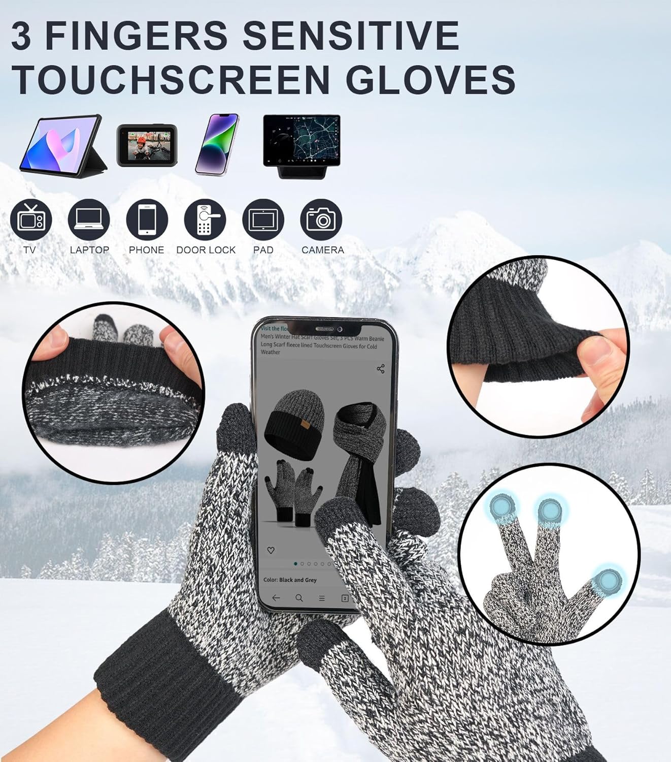 Men's Winter Hat Scarf Gloves Set, 3 PCS Warm Beanie Long Scarf Fleece Lined Touchscreen Gloves for Cold Weather - Image 3