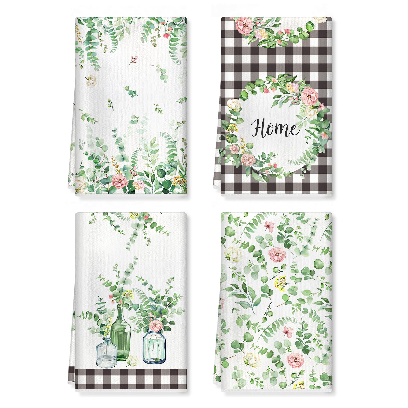 Arquiel Eucalyptus Leaves Kitchen Towels Soft Thick Cotton Blend Checkered Hand Towels, 42 x 70 cm Absorbent Dish Cloth for Kitchen Home Decor, Housewarming, Birthday Gifts for Women, Set of 4